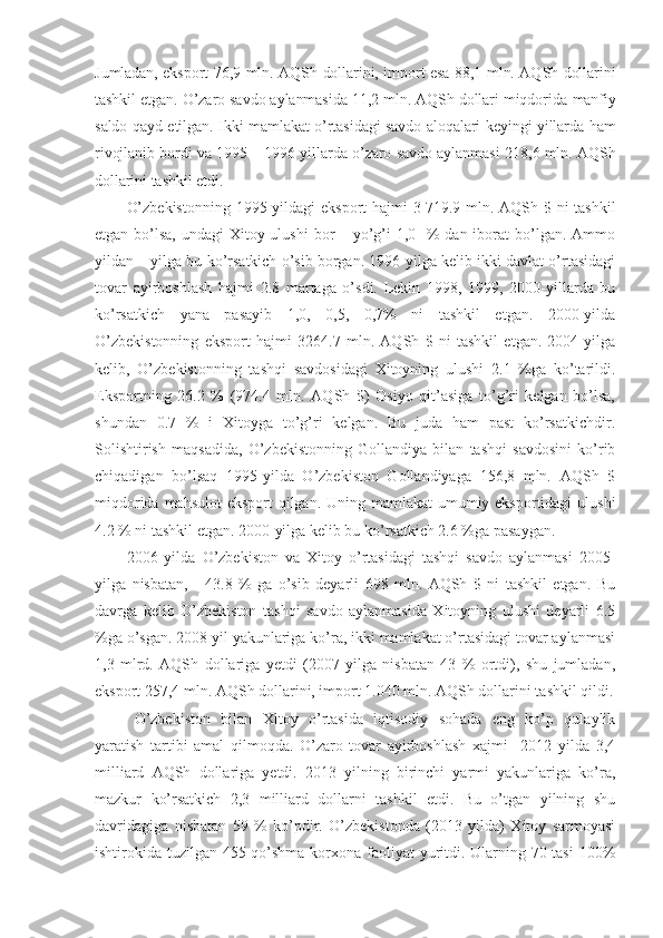 Jumladan, eksport   76,9 mln. AQSh dollarini, import esa 88,1 mln. AQSh dollarini
tashkil et gan . O’zaro savdo aylanmasida 11,2 mln. AQSh dollari miqdorida  manfiy
saldo qayd etil gan .   Ikki mamlakat o’rtasidagi savdo aloqalari keyingi yillarda   ham
rivojlanib bordi va 1995  –  1996 yillarda o’zaro savdo aylanmasi 218 , 6 mln. AQSh
dollarini tashkil etdi.  
O’zbekistonning   1995-yildagi  eksport hajmi  3   719.9 mln. AQSh $ ni tashkil
etgan bo’lsa, undagi  Xitoy ulushi  bor – yo’g’i 1,0   % dan iborat  bo’lgan. Ammo
yildan – yilga bu ko’rsatkich o’sib borgan. 1996-yilga kelib ikki davlat o’rtasidagi
tovar   ayirboshlash   hajmi   2.8   martaga   o’sdi.   Lekin   1998,   1999,   2000-yillarda   bu
ko’rsatkich   yana   pasayib   1,0,   0,5,   0,7%   ni   tashkil   etgan.   2000-yilda
O’zbekistonning   eksport   hajmi   3264.7   mln.   AQSh   $   ni   tashkil   etgan.   2004-yilga
kelib,   O’zbekistonning   tashqi   savdosidagi   Xitoyning   ulushi   2.1   %ga   ko’tarildi.
Eksportning   26.2   %   (974.4   mln.   AQSh   $)   Osiyo   qit’asiga   to’g’ri   kelgan   bo’lsa,
shundan   0.7   %   i   Xitoyga   to’g’ri   kelgan.   Bu   juda   ham   past   ko’rsatkichdir.
Solishtirish   maqsadida,   O’zbekistonning   Gollandiya   bilan   tashqi   savdosini   ko’rib
chiqadigan   bo’lsaq   1995-yilda   O’zbekiston   Gollandiyaga   156,8   mln.   AQSh   $
miqdorida mahsulot  eksport qilgan. Uning mamlakat  umumiy eksportidagi  ulushi
4.2 % ni tashkil etgan. 2000-yilga kelib bu ko’rsatkich 2.6 %ga pasaygan.
2006   yilda   O’zbekiston   va   Xitoy   o’rtasidagi   tashqi   savdo   aylanmasi   2005-
yilga   nisbatan,   -   43.8   %   ga   o’sib   deyarli   698   mln.   AQSh   $   ni   tashkil   etgan.   Bu
davrga   kelib   O’zbekiston   tashqi   savdo   aylanmasida   Xitoyning   ulushi   deyarli   6.5
%ga o’sgan. 2008 yil yakunlariga ko’ra, ikki mamlakat o’rtasidagi tovar aylanmasi
1,3   mlrd.   AQSh   dollariga   yetdi   (2007   yilga   nisbatan   43   %   ortdi),   shu   jumladan,
eksport 257,4 mln. AQSh dollarini, import 1.040 mln. AQSh dollarini tashkil qildi.
O’zbekiston   bilan   Xitoy   o’rtasida   iqtisodiy   sohada   eng   ko’p   qulaylik
yaratish   tartibi   amal   qilmoqda.   O’zaro   tovar   ayirboshlash   xajmi     2012   yilda   3,4
milliard   AQSh   dollariga   yetdi.   2013   yilning   birinchi   yarmi   yakunlariga   ko’ra,
mazkur   ko’rsatkich   2,3   milliard   dollarni   tashkil   etdi.   Bu   o’tgan   yilning   shu
davridagiga   nisbatan   59   %   ko’pdir.   O’zbekistonda   (2013   yilda)   Xitoy   sarmoyasi
ishtirokida tuzilgan 455 qo’shma korxona faoliyat  yuritdi. Ularning 70 tasi  100% 