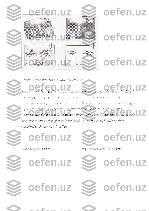 4-rasm. Bir tasvirni besh xil usulda ko’rsatish.
Raqamli tasvirlarni grafik ifodalash uchun boshqa koordinat sistemalarni (nodekart) 
tashlash, yechilayotgan masalaning bevosita qo’llanish sohasi va undan kelib 
chiqadigan xususiyatlari asosida aniqlanadi. Masalan, timsollarni aniqlashda keng 
foydalaniladigan Furye-Mellin o’zgartirishida RT spektori dekart koordinat 
sistemasidan to’g’ri burchakli qutb koordinat sistemasiga o’tkaziladi. Bu oddiy qutb 
koordinat sistemasini yoyilmasi hisoblanadi. RTning bunday ifodalanishining 
xususiyatlari 5-rasmda ko’rsatilgan.
Qutb koordinat sistemasi Yoyilgan qutb koordinat sistemasi 