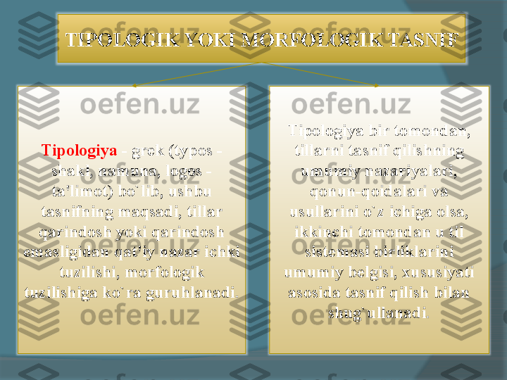 TIPOLOGIK YOKI MORFOLOGIK TASNIF
Tipologiya  - grek (typos - 
shakl, namuna, logos - 
ta'limot) bo`lib, ushbu 
tasnifning maqsadi, tillar 
qarindosh yoki qarindosh 
emasligidan qat'iy nazar ichki 
tuzilishi, morfologik 
tuzilishiga ko`ra guruhlanadi. Tipologiya bir tomondan, 
tillarni tasnif qilishning 
umumiy nazariyalari, 
qonun-qoidalari va 
usullarini o`z ichiga olsa, 
ikkinchi tomondan u til 
sistemasi birliklarini 
umumiy belgisi, xususiyati 
asosida tasnif qilish bilan 
shug`ullanadi.     