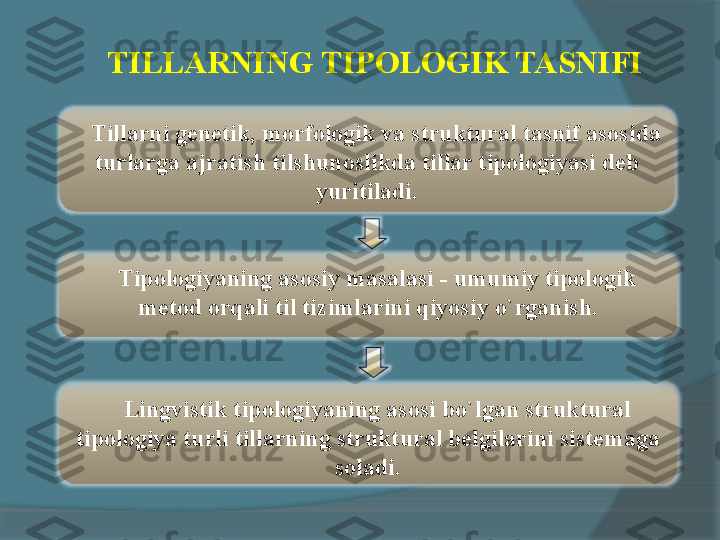     Tillarni genetik, morfologik va struktural tasnif asosida 
turlarga ajratish tilshunoslikda tillar tipologiyasi deb 
yuritiladi.
    Tipologiyaning asosiy masalasi - umumiy tipologik 
metod orqali til tizimlarini qiyosiy o`rganish.
    Lingvistik tipologiyaning asosi bo`lgan struktural 
tipologiya turli tillarning struktural belgilarini sistemaga 
soladi.TILLARNING TIPOLOGIK TASNIFI     