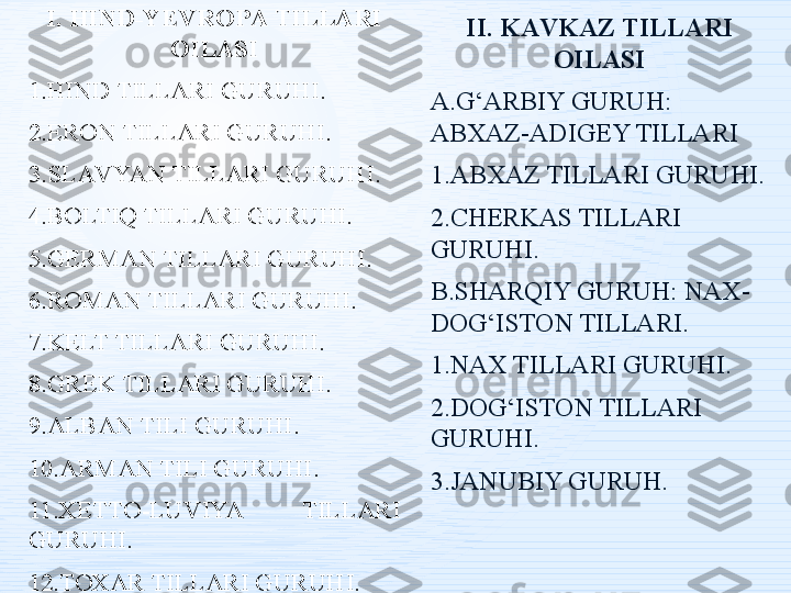 I.   HIND-YЕVRОPА TILLАRI 
ОILАSI
1.HIND TILLАRI GURUHI .
2.ERОN TILLАRI GURUHI .
3.SLАVYAN TILLАRI GURUHI .
4.BОLTIQ TILLАRI GURUHI .
5.GЕRMАN TILLАRI GURUHI .
6.RОMАN TILLАRI GURUHI .
7.KЕLT TILLАRI GURUHI .
8.GRЕK TILLАRI GURUHI .
9.АLBАN TILI GURUHI .
10.АRMАN TILI GURUHI .
11.ХЕTTО-LUVIYA  TILLАRI 
GURUHI .
12.TОХАR TILLАRI GURUH I. II.   KАVKАZ TILLАRI 
ОILАSI
А.G‘АRBIY GURUH: 
АBХАZ-АDIGЕY TILLАRI
1.АBХАZ TILLАRI GURUHI .
2.CHЕRKАS TILLАRI 
GURUHI .
B.SHАRQIY GURUH: NАХ-
DОG‘ISTОN TILLАRI .
1.NАХ TILLАRI GURUHI.
2.DОG‘ISTОN TILLАRI 
GURUHI.
3.JАNUBIY GURUH . 