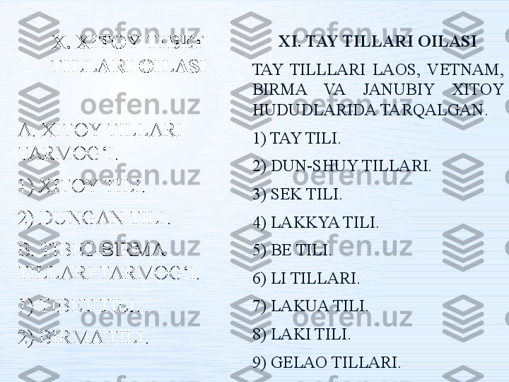 X. XITOY-TIBET 
TILLARI OILASI
A. XITOY TILLARI 
TARMOG‘I.
1) XITOY TILI.
2) DUNGAN TILI .
B. TIBET-BIRMA 
TILLARI TARMOG‘I.
1) TIBET TILI.
2) BIRMA TILI. XI. TAY TILLARI OILASI
TAY  TILLLARI  LAOS,  VETNAM, 
BIRMA  VA  JANUBIY  XITOY 
HUDUDLARIDA TARQALGAN. 
1) TAY TILI. 
2) DUN-SHUY TILLARI.
3) SEK TILI.
4) LAKKYA TILI.
5) BE TILI.
6) LI TILLARI.
7) LAKUA TILI.
8) LAKI TILI.
9) GELAO TILLARI. 