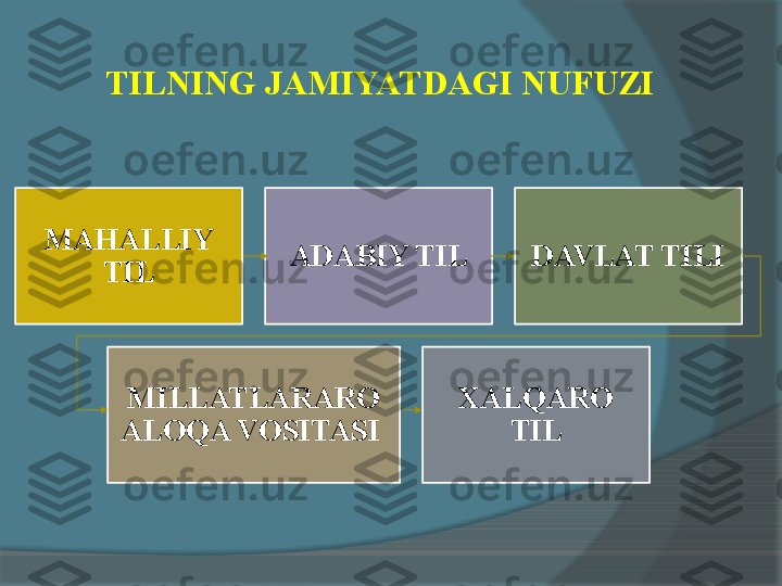 TILNING JAMIYATDAGI NUFUZI
MAHALLIY 
TIL ADABIY TIL DAVLAT TILI
MILLATLARARO 
ALOQA VOSITASI  XALQARO 
TIL         