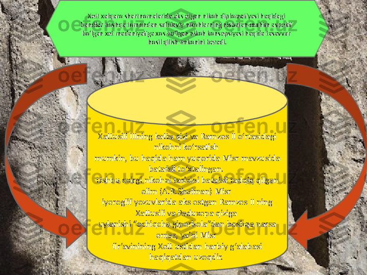 Xattusili IIIning katta qizi va Ramzes II o‘rtasidagi 
nikohni ko‘rsatish 
mumkin, bu haqida ham yuqorida Misr mavzusida 
batafsil to‘xtalingan. 
Ushbu oxirgi nikohni tarixini batafsil tadqiq qilgan 
olim (A.R.Shulman) Misr 
iyeroglif yozuvlarida aks estgan Ramzes II ning 
Xattusili va Paduxepa qiziga 
uylanishi “ochiqcha giperbola”dan boshqa narsa 
emas, ya’ni Misr 
fir’avinining Xett ustidan harbiy g‘alabasi 
haqiqatdan uzoqdir. Xett xalqaro shartnomalarida aks etgan nikoh diplomatiyasi haqidagi 
bandlar boshqa tomondan sulolaviy nikohlarning nisbatan muhim aspekti 
bo‘lgan xet madaniyatiga xos bo‘lgan nikoh konsepsiyasi haqida tasavvur 
hosil qilish imkonini beradi. 