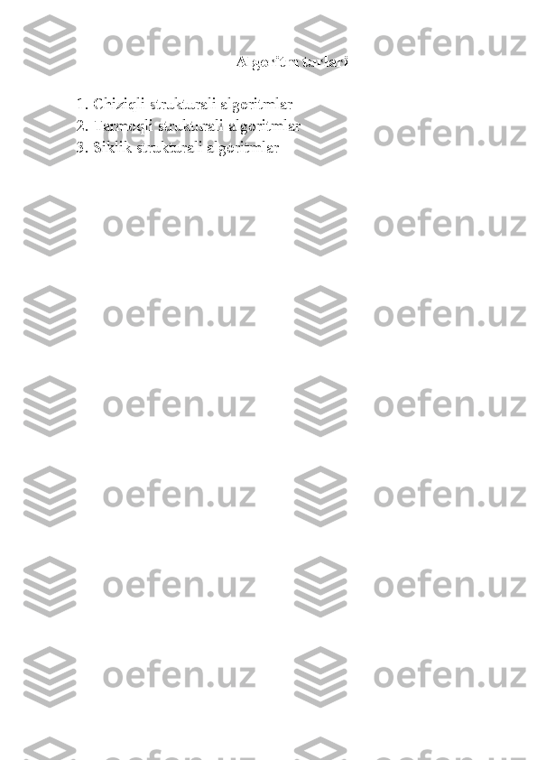   Algoritm turlari
1. Chiziqli strukturali algoritmlar
2. Tarmoqli strukturali algoritmlar
3.  Siklik  strukturali algoritmlar 