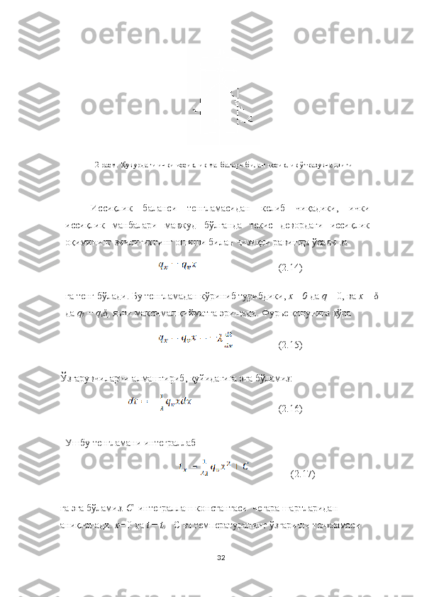 2  расм. Қувурдаги ички иссиқлик манбалари билан иссиқлик ўтказувчанлиги
Иссиқлик   баланси   тенгламасидан   келиб   чиқадики,   ички
иссиқлик   манбалари   мавжуд   бўлганда   текис   девордаги   иссиқлик
оқимининг зичлиги х нинг ошиши билан чизиқли равишда ўсади ва 
(2.14)
га тенг бўлади. Бу тенгламадан кўриниб турибдики,  х =0	  да  	q  = 0, ва  х	  =  δ  
да  q
δ  =  q
v δ ,	
  яьни максимал қийматга эришади. Фурье қонунига кўра
(2.15)
Ўзгарувчиларни алмаштириб, қуйидагига эга бўламиз:
(2.16)
Ушбу тенгламани интеграллаб
(2.17)
га эга бўламиз.  С   интеграллаш константаси  чегара шартларидан 
аниқланади.  х = 0 да  t	
  =  t
0 = С ва температуранинг ўзгариши тенгламаси 
32 