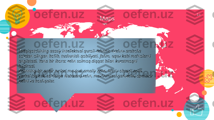 Maps
Tadqiqotchining asosiy intellektual quroli-zehndir. «Zehn» arabcha 
so‘zdan olingan bo‘lib, tushunish qobiliyati, fahm, uquv kabi ma’nolarni 
anglatadi. Yana bir ibora: zehn solmoq diqqat bilan kuzatmoqni 
bildiradi.
Zehnning bir qator turlari mavjud: amaliy zehn, hissiy-obrazli zehn, 
verbal (og‘zaki so‘zlarga nisbatan) zehn, mavhumlashgan zehn, operator 
zehni va boshqalar. 14 