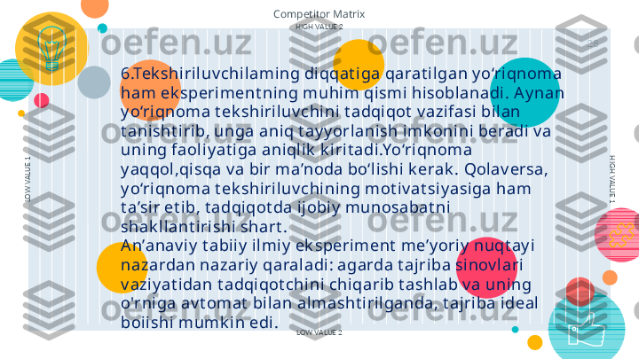 Competitor Matrix
28LOW VALUE 1	HIGH VALUE 1
LOW VALUE 2HIGH VALUE 2
6.Tek shi ri luv chilaming diqqat iga qarat i lgan y o‘ri qnoma 
ham ek speriment ning muhi m qismi  hisoblanadi.   A y nan 
y o‘ri qnoma t ek shiri luv chini t adqiqot  v azi fasi  bi lan 
t anisht irib, unga aniq t ay y orlanish imk oni ni beradi v a 
uning faol iy at iga aniql ik  k irit adi.Yo‘riqnoma 
y aqqol ,qisqa v a bi r ma’noda bo‘l ishi  k erak .   Qolav ersa, 
y o‘ri qnoma t ek shiri luv chining mot iv at siy asi ga ham 
t a’sir et ib, t adqiqot da ijobiy  munosabat ni 
shak ll ant iri shi  shart .
An’anav iy  t abiiy  ilmiy  ek speri ment  me’y oriy  nuqt ay i 
nazardan nazariy  qaraladi : agarda t ajriba si nov lari 
v azi y at idan t adqiqot chini chiqarib t ashlab v a uning 
o'rniga av t omat  bilan almasht iri lganda, t ajri ba ideal 
boiishi  mumk in edi.   