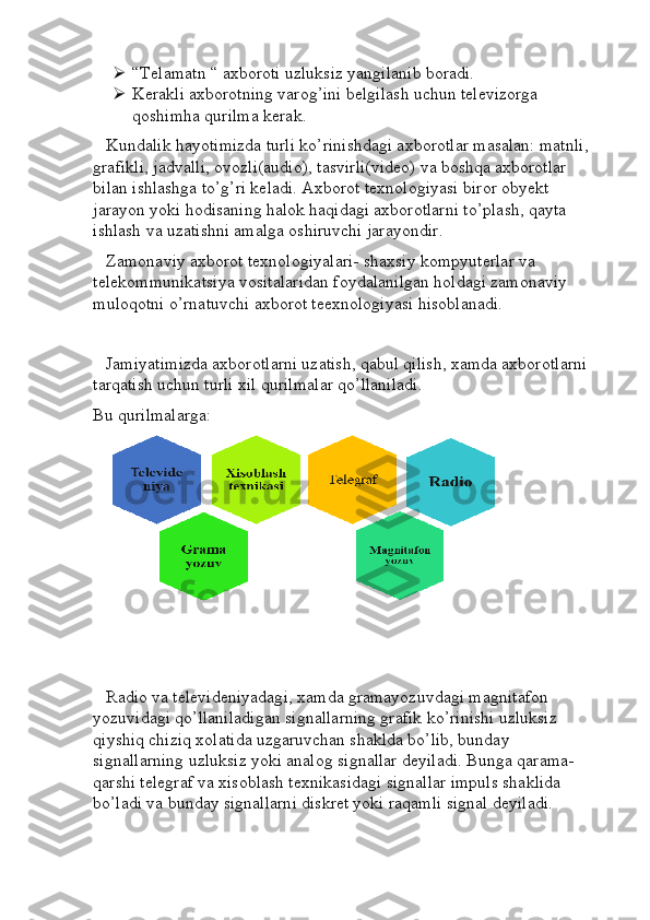  “Telamatn “ axboroti uzluksiz yangilanib boradi.
 Kerakli axborotning varog’ini belgilash uchun televizorga 
qoshimha qurilma kerak.
    Kundalik hayotimizda turli ko’rinishdagi axborotlar masalan: matnli, 
grafikli, jadvalli, ovozli(audio), tasvirli(video) va boshqa axborotlar 
bilan ishlashga to’g’ri keladi. Axborot texnologiyasi biror obyekt 
jarayon yoki hodisaning halok haqidagi axborotlarni to’plash, qayta 
ishlash va uzatishni amalga oshiruvchi jarayondir.
    Zamonaviy axborot texnologiyalari- shaxsiy kompyuterlar va 
telekommunikatsiya vositalaridan foydalanilgan holdagi zamonaviy 
muloqotni o’rnatuvchi axborot teexnologiyasi hisoblanadi.
    Jamiyatimizda axborotlarni uzatish, qabul qilish, xamda axborotlarni 
tarqatish uchun turli xil qurilmalar qo’llaniladi. 
Bu qurilmalarga:
    Radio va televideniyadagi, xamda gramayozuvdagi magnitafon 
yozuvidagi qo’llaniladigan signallarning grafik ko’rinishi uzluksiz 
qiyshiq chiziq xolatida uzgaruvchan shaklda bo’lib, bunday 
signallarning uzluksiz yoki analog signallar deyiladi. Bunga qarama-
qarshi telegraf va xisoblash texnikasidagi signallar impuls shaklida 
bo’ladi va bunday signallarni diskret yoki raqamli signal deyiladi. 