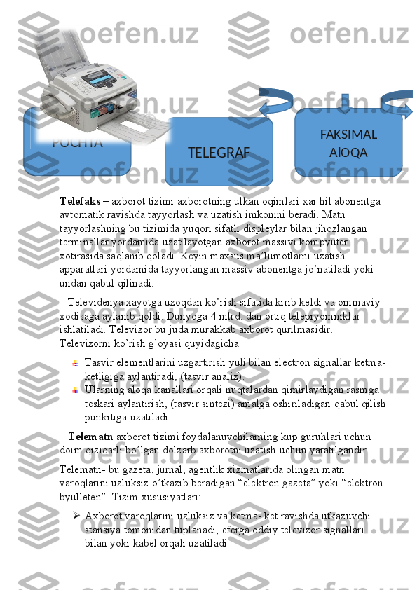 Telefaks  – axborot tizimi axborotning ulkan oqimlari xar hil abonentga 
avtomatik ravishda tayyorlash va uzatish imkonini beradi. Matn 
tayyorlashning bu tizimida yuqori sifatli displeylar bilan jihozlangan 
terminallar yordamida uzatilayotgan axborot massivi kompyuter 
xotirasida saqlanib qoladi. Keyin maxsus ma’lumotlarni uzatish 
apparatlari yordamida tayyorlangan massiv abonentga jo’natiladi yoki 
undan qabul qilinadi.
    Televidenya xayotga uzoqdan ko’rish sifatida kirib keldi va ommaviy 
xodisaga aylanib qoldi. Dunyoga 4 mlrd. dan ortiq telepryomniklar 
ishlatiladi. Televizor bu juda murakkab axborot qurilmasidir. 
Televizorni ko’rish g’oyasi quyidagicha:
Tasvir elementlarini uzgartirish yuli bilan electron signallar ketma-
ketligiga aylantiradi, (tasvir analiz).
Ularning aloqa kanallari orqali nuqtalardan qimirlaydigan rasmga 
teskari aylantirish, (tasvir sintezi) amalga oshiriladigan qabul qilish
punkitiga uzatiladi.
    Telematn  axborot tizimi foydalanuvchilarning kup guruhlari uchun 
doim qiziqarli bo’lgan dolzarb axborotni uzatish uchun yaratilgandir.
Telematn- bu gazeta, jurnal, agentlik xizmatlarida olingan matn 
varoqlarini uzluksiz o’tkazib beradigan “elektron gazeta” yoki “elektron 
byulleten”. Tizim xususiyatlari:
 Axborot varoqlarini uzluksiz va ketma- ket ravishda utkazuvchi 
stansiya tomonidan tuplanadi, eferga oddiy televizor signallari 
bilan yoki kabel orqali uzatiladi.POCHTA
TELEGRAF FAKSIMAL 
AlOQA 