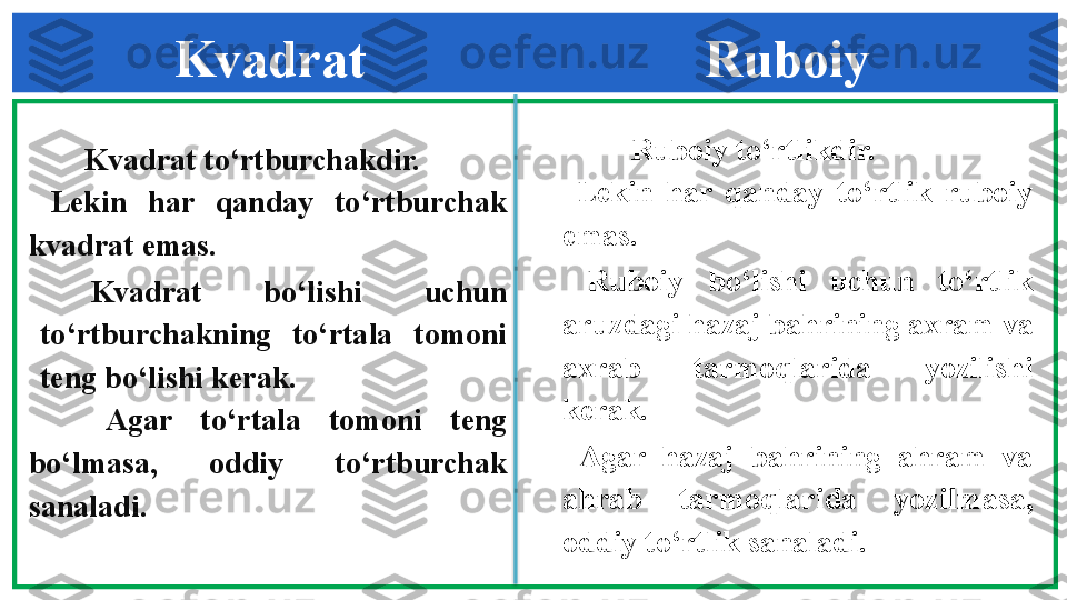 Kvadrat    Ruboiy  
Kvadrat to‘rtburchakdir. 
  Lekin  har  qanday  to‘rtburchak 
kvadrat emas. 
Kvadrat  bo‘lishi  uchun 
to‘rtburchakning  to‘rtala  tomoni 
teng bo‘lishi kerak. 
  Agar  t o‘ rtala  tomoni  teng 
b o‘ lmasa,  oddiy  t o‘ rtburchak 
sanaladi .   Ruboiy to‘rtlikdir. 
  Lekin  har  qanday  to‘rtlik  ruboiy 
emas. 
  Ruboiy  bo‘lishi  uchun  to‘rtlik 
aruzdagi hazaj bahrining axram va 
axrab  tarmoqlarida  yozilishi 
kerak. 
  Agar  hazaj  bahrining  ahram  va 
ahrab  tarmoqlarida  yozilmasa, 
oddiy to‘rtlik sanaladi.   