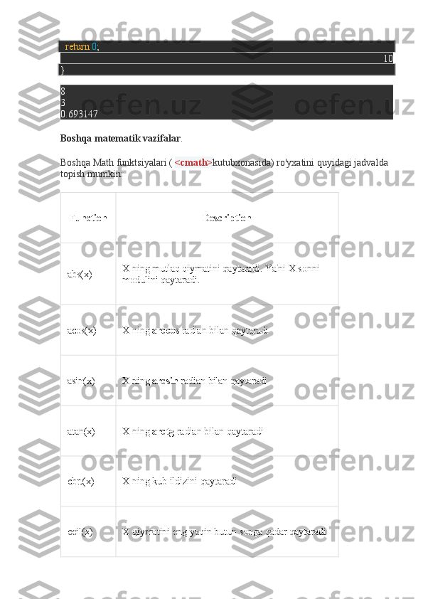     return   0 ;
10
}
8
3
0.693147
Boshqa matematik vazifalar .
Boshqa Math funktsiyalari (   <cmath> kutubxonasida)   ro'yxatini   quyidagi jadvalda 
topish mumkin:
Function Description
abs(x) X ning mutlaq qiymatini qaytaradi. Ya'ni X sonni 
modulini qaytaradi.
acos(x) X ning   arccos   radian bilan qaytaradi
asin(x) X ning   arcsin   radian bilan qaytaradi
atan(x) X ning   arctg   radian bilan qaytaradi
cbrt(x) X ning kub ildizini qaytaradi
ceil(x) X qiymatini eng yaqin butun songa qadar qaytaradi 