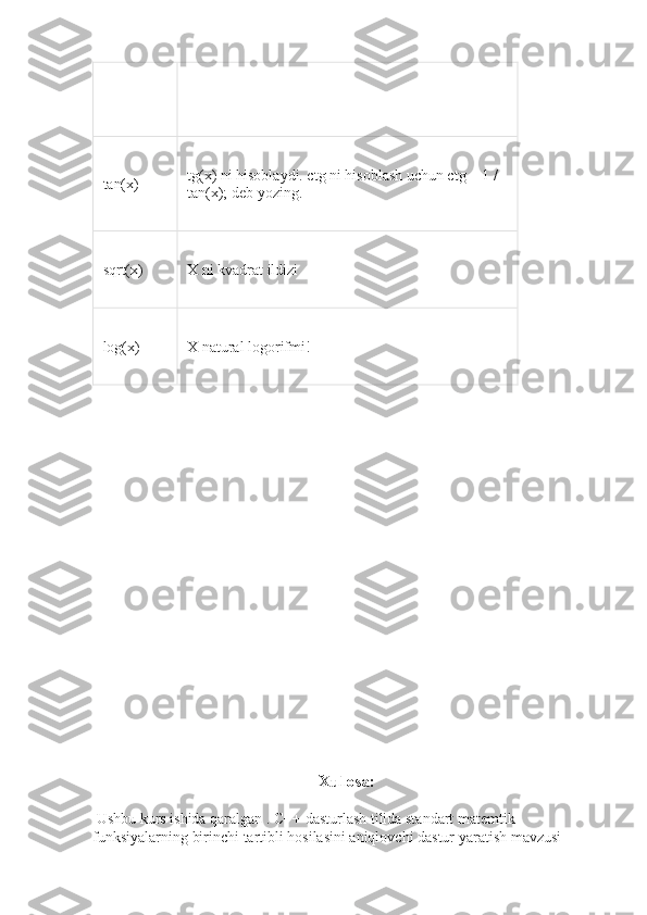 tan(x) tg(x) ni hisoblaydi. ctg ni hisoblash uchun ctg = 1 / 
tan(x); deb yozing.
sqrt(x) X ni kvadrat ildizi
log(x) X natural logorifmi!
Xulosa:
 Ushbu kurs ishida qaralgan  . C++ dasturlash tilida standart matemtik 
funksiyalarning birinchi tartibli hosilasini aniqlovchi dastur yaratish  mavzusi  