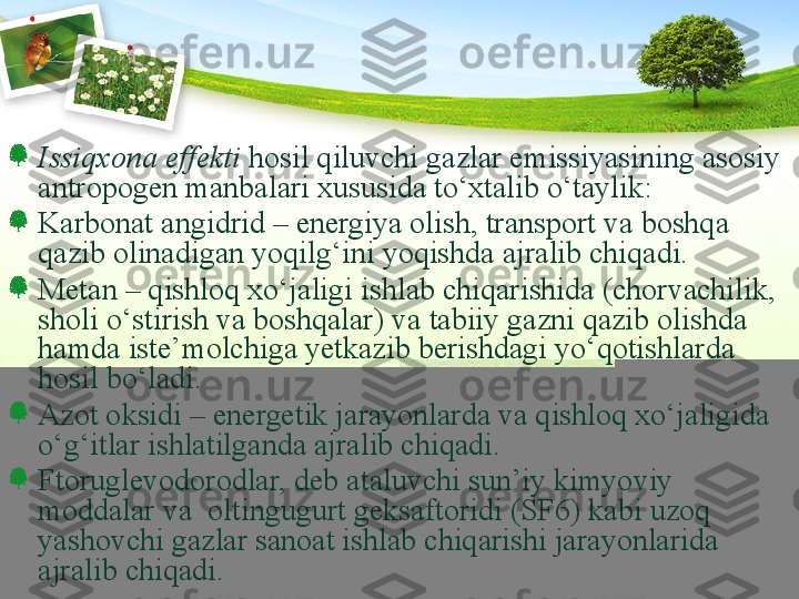 Issiqxona effekti  hosil qiluvchi gazlar emissiyasining asosiy 
antropogen manbalari xususida tо‘xtalib о‘taylik:
Karbonat angidrid – energiya olish, transport va boshqa 
qazib olinadigan yoqilg‘ini yoqishda ajralib chiqadi.
Metan – qishloq xо‘jaligi ishlab chiqarishida (chorvachilik, 
sholi о‘stirish va boshqalar) va tabiiy gazni qazib olishda 
hamda iste’molchiga yetkazib berishdagi yо‘qotishlarda 
hosil bо‘ladi. 
Azot oksidi – energetik jarayonlarda va qishloq xо‘jaligida 
о‘g‘itlar ishlatilganda ajralib chiqadi. 
Ftoruglevodorodlar, deb ataluvchi sun’iy kimyoviy 
moddalar va  oltingugurt geksaftoridi (SF6) kabi uzoq 
yashovchi gazlar sanoat ishlab chiqarishi jarayonlarida 
ajralib chiqadi.  