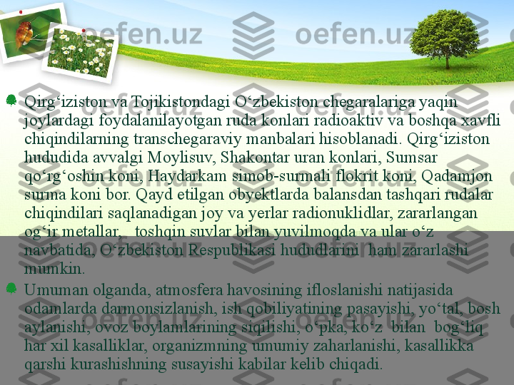 Qirg‘iziston va Tojikistondagi О‘zbekiston chegaralariga yaqin 
joylardagi foydalanilayotgan ruda konlari radioaktiv va boshqa xavfli 
chiqindilarning transchegaraviy manbalari hisoblanadi. Qirg‘iziston 
hududida avvalgi Moylisuv, Shakontar uran konlari, Sumsar 
qо‘rg‘oshin koni, Haydarkam simob-surmali flokrit koni, Qadamjon 
surma koni bor. Qayd etilgan obyektlarda balansdan tashqari rudalar 
chiqindilari saqlanadigan joy va yerlar radionuklidlar, zararlangan 
og‘ir metallar,   toshqin suvlar bilan yuvilmoqda va ular о‘z 
navbatida, О‘zbekiston Respublikasi hududlarini  ham zararlashi 
mumkin.  
Umuman olganda, atmosfera havosining ifloslanishi natijasida 
odamlarda darmonsizlanish, ish qobiliyatining pasayishi, yо‘tal, bosh 
aylanishi, ovoz boylamlarining siqilishi, о‘pka, kо‘z  bilan  bog‘liq 
har xil kasalliklar, organizmning umumiy zaharlanishi, kasallikka 
qarshi kurashishning susayishi kabilar kelib chiqadi.  