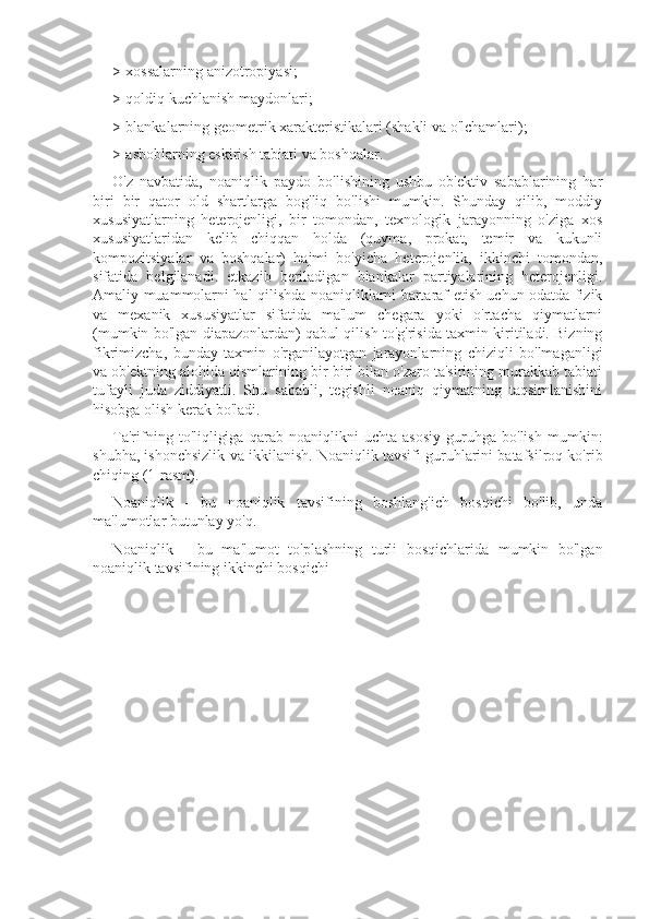 >  xossalarning anizotropiyasi;
>  qoldiq kuchlanish maydonlari;
>  blankalarning geometrik xarakteristikalari (shakli va o'lchamlari);
>  asboblarning eskirish tabiati va boshqalar.
O'z   navbatida,   noaniqlik   paydo   bo'lishining   ushbu   ob'ektiv   sabablarining   har
biri   bir   qator   old   shartlarga   bog'liq   bo'lishi   mumkin.   Shunday   qilib,   moddiy
xususiyatlarning   heterojenligi,   bir   tomondan,   texnologik   jarayonning   o'ziga   xos
xususiyatlaridan   kelib   chiqqan   holda   (quyma,   prokat,   temir   va   kukunli
kompozitsiyalar   va   boshqalar)   hajmi   bo'yicha   heterojenlik,   ikkinchi   tomondan,
sifatida   belgilanadi.   etkazib   beriladigan   blankalar   partiyalarining   heterojenligi.
Amaliy muammolarni hal qilishda noaniqliklarni bartaraf etish uchun odatda fizik
va   mexanik   xususiyatlar   sifatida   ma'lum   chegara   yoki   o'rtacha   qiymatlarni
(mumkin bo'lgan diapazonlardan) qabul qilish to'g'risida taxmin kiritiladi. Bizning
fikrimizcha,   bunday   taxmin   o'rganilayotgan   jarayonlarning   chiziqli   bo'lmaganligi
va ob'ektning alohida qismlarining bir-biri bilan o'zaro ta'sirining murakkab tabiati
tufayli   juda   ziddiyatli.   Shu   sababli,   tegishli   noaniq   qiymatning   taqsimlanishini
hisobga olish kerak bo'ladi.
Ta'rifning   to'liqligiga   qarab   noaniqlikni   uchta   asosiy   guruhga   bo'lish   mumkin:
shubha, ishonchsizlik va ikkilanish. Noaniqlik tavsifi guruhlarini batafsilroq ko'rib
chiqing (1-rasm).
Noaniqlik   -   bu   noaniqlik   tavsifining   boshlang'ich   bosqichi   bo'lib,   unda
ma'lumotlar butunlay yo'q.
Noaniqlik   -   bu   ma'lumot   to'plashning   turli   bosqichlarida   mumkin   bo'lgan
noaniqlik tavsifining ikkinchi bosqichi 