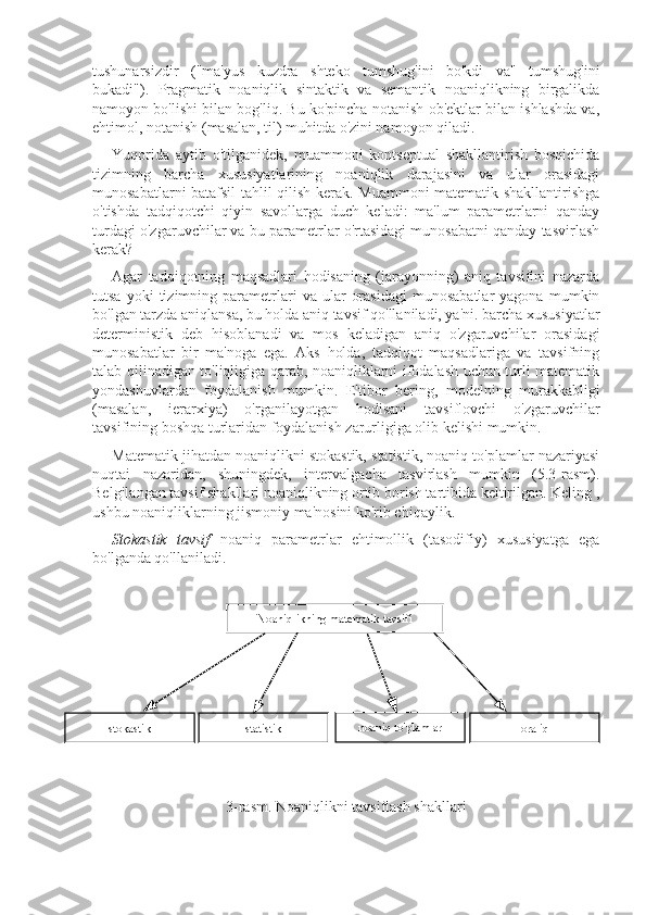 tushunarsizdir   ("ma'yus   kuzdra   shteko   tumshug'ini   bo'kdi   va"   tumshug'ini
bukadi").   Pragmatik   noaniqlik   sintaktik   va   semantik   noaniqlikning   birgalikda
namoyon bo'lishi bilan bog'liq. Bu ko'pincha notanish ob'ektlar bilan ishlashda va,
ehtimol, notanish (masalan, til) muhitda o'zini namoyon qiladi.
Yuqorida   aytib   o'tilganidek,   muammoni   kontseptual   shakllantirish   bosqichida
tizimning   barcha   xususiyatlarining   noaniqlik   darajasini   va   ular   orasidagi
munosabatlarni batafsil tahlil qilish kerak. Muammoni matematik shakllantirishga
o'tishda   tadqiqotchi   qiyin   savollarga   duch   keladi:   ma'lum   parametrlarni   qanday
turdagi o'zgaruvchilar va bu parametrlar o'rtasidagi munosabatni qanday tasvirlash
kerak?
Agar   tadqiqotning   maqsadlari   hodisaning   (jarayonning)   aniq   tavsifini   nazarda
tutsa   yoki   tizimning  parametrlari   va   ular   orasidagi   munosabatlar   yagona   mumkin
bo'lgan tarzda aniqlansa, bu holda aniq tavsif qo'llaniladi, ya'ni. barcha xususiyatlar
deterministik   deb   hisoblanadi   va   mos   keladigan   aniq   o'zgaruvchilar   orasidagi
munosabatlar   bir   ma'noga   ega.   Aks   holda,   tadqiqot   maqsadlariga   va   tavsifning
talab qilinadigan to'liqligiga qarab, noaniqliklarni ifodalash uchun turli matematik
yondashuvlardan   foydalanish   mumkin.   E'tibor   bering,   modelning   murakkabligi
(masalan,   ierarxiya)   o'rganilayotgan   hodisani   tavsiflovchi   o'zgaruvchilar
tavsifining boshqa turlaridan foydalanish zarurligiga olib kelishi mumkin.
Matematik jihatdan noaniqlikni stokastik, statistik, noaniq to'plamlar nazariyasi
nuqtai   nazaridan,   shuningdek,   intervalgacha   tasvirlash   mumkin   (5.3-rasm).
Belgilangan tavsif shakllari noaniqlikning ortib borish tartibida keltirilgan. Keling ,
ushbu noaniqliklarning jismoniy ma'nosini ko'rib chiqaylik.
Stokastik   tavsif   noaniq   parametrlar   ehtimollik   (tasodifiy)   xususiyatga   ega
bo'lganda qo'llaniladi.
3-rasm. Noaniqlikni tavsiflash shakllari Noaniqlikning matematik tavsifi
stokastik statistik noaniq to'plamlar
oraliq 