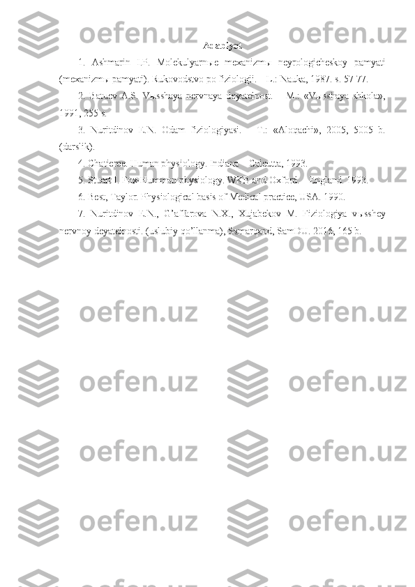 Adabiyot
1.   Ashmarin   I.P.   Molekulyarn ы e   mexanizm ы   neyrologicheskoy   pamyati
(mexanizm ы  pamyati). Rukovodstvo po fiziologii. – L.: Nauka, 1987. s. 57-77.
2.   Batuev   A.S.   V ы sshaya   nervnaya   deyatelnost.   –   M.:   «V ы sshaya   shkola»,
1991, 255 s.
3.   Nuritdinov   E.N.   Odam   fiziologiyasi.   –   T.:   «Aloqachi»,   2005,   5005   b.
(darslik).
4. Chatieree. Human physiology. Indiana – Calcutta, 1993.
5. Stuart I. Fox-Humman physiology. WKB and Oxford. – England. 1993.
6. Best, Taylor. Physiological basis of Medical practice, USA. 1990.
7.   Nuritdinov   E.N.,   G’affarova   N.X.,   Xujabekov   M.   Fiziologiya   v ы sshey
nervnoy deyatelnosti. (uslubiy qo’llanma), Samarqand, SamDU. 2016, 165 b. 