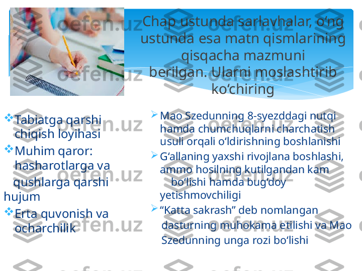 Chap ustunda sarlavhalar, o‘ng 
ustunda esa matn qismlarining 
qisqacha mazmuni
berilgan. Ularni moslashtirib 
ko‘chiring

Tabiatga qarshi 
chiqish loyihasi

Muhim qaror: 
hasharotlarga va
    qushlarga qarshi 
hujum

Erta quvonish va 
ocharchilik 
Mao Szedunning 8-syezddagi nutqi 
hamda chumchuqlarni charchatish 
usuli orqali o‘ldirishning boshlanishi

G‘allaning yaxshi rivojlana boshlashi,  
ammo hosilning kutilgandan kam         
    bo‘lishi hamda bug‘doy 
yetishmovchiligi

“ Katta sakrash” deb nomlangan
     dasturning muhokama etilishi va Mao
     Szedunning unga rozi bo‘lishi   