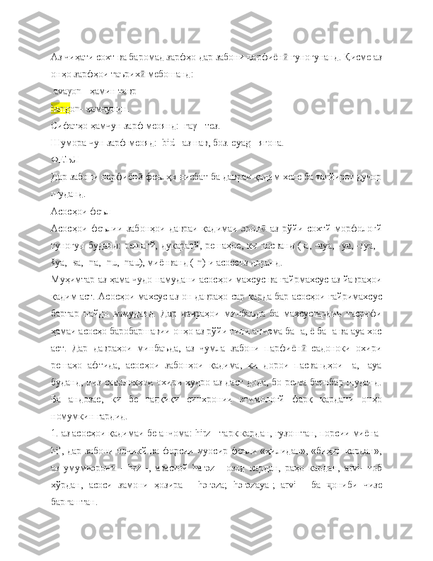 Аз чиҳати сохт ва баромад зарфҳо дар забони парфиён  гуногунанд. Қисме азӣ
онҳо зарфҳои таърих  мебошанд:	
ӣ
  av ā γ ō n  - ҳамин тавр
hang ō n - ҳамчунин.
Сифатҳо ҳамчун зарф меоянд:  га γ  - тез. 
Шумора чун зарф меояд:   bid  - аз нав, боз. еуа g  - ягона. 
ФЕЪЛ
Дар забони парфиён  феълҳо нисбат ба давраи қадим хеле ба тағйирот дучор
ӣ
шуданд.
Асосҳои феъл
Асосҳои   феълии   забонҳои   давраи   қадимаи   эрон   аз   рўйи   сохтй   морфологй	
ӣ
гуногун   буданд:   решагй,   дукаратй,   решаҳое,   ки   пасванд   (-а,   -ауа,   -уа,   - i уа,   -
šуа, - s а, - n а, - nu , - nau ), миёнванд (- n )-и асоссоз доранд.
Муҳимтар аз ҳама чудо намудани асосҳои махсус ва ғайрмахсус аз йавраҳои
қадим аст. Асосҳои махсус аз он давраҳо сар карда бар асосҳои ғайримахсус
бартар   пайдо   намуданд.   Дар   давраҳои   минбаъда   ба   махсусгардии   тасрифи
ҳамаи асосҳо баробаршавии онҳо аз рўйи типи анчома ба -ā, ё ба -а ва ауа хос
аст.   Дар   давраҳои   минбаъда,   аз   чумла   забони   парфиён   садоноки   охири	
ӣ
решаҳо   афтида,   асосҳои   забонҳои   қадима,   ки   дорои   пасвандҳои   -а,   -ауа
буданд, низ садонокҳои охири худро аз даст дода, бо реша баробар шуданд.
Ба   андозае,   ки   бе   тадқиқи   синхронии   этимологй   фарқ   кардани   онҳо
номумкин гардид.
1. аз асосҳои қадимаи бе анчома:  hirz  - тарк кардан, гузоштан, порсии миёна-
hil , дар забони точикй ва форсии муосир феъли «ҳилидан», «биҳил кардан»,
аз   умумиэрон   -  	
ӣ hrz   -,   авастой   h агэ z   -   озод   кардан,   раҳо   кардан,   arvi -   тоб
хўрдан,   асоси   замони   ҳозира   -   h эгэ z а;   h эгэ z ауа-;   а rvi   -   ба   ониби   чизе	
ҷ
баргаштан. 