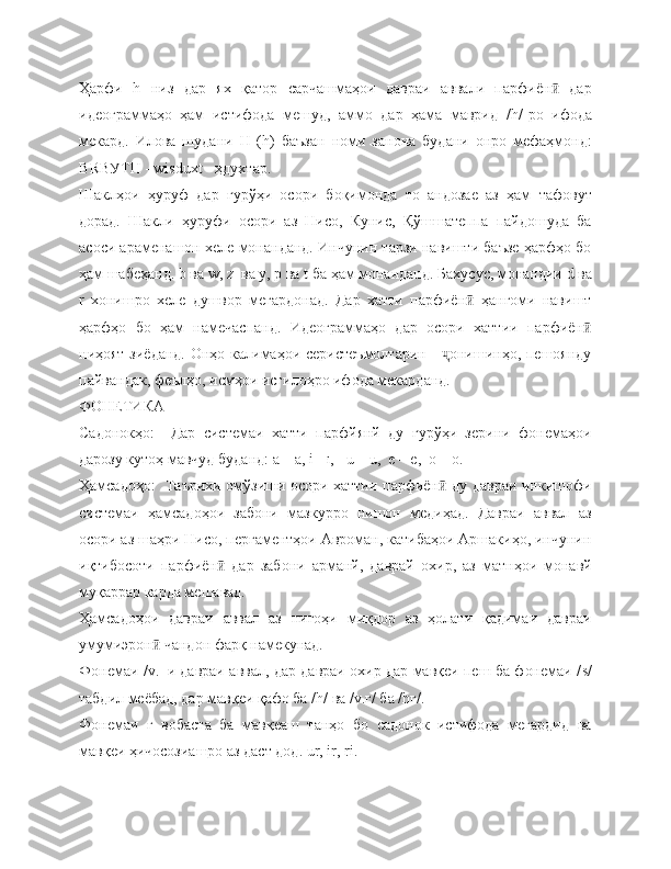 Ҳарфи   h   низ   дар   ях   қатор   сарчашмаҳои   давраи   аввали   парфиён   дарӣ
идеограммаҳо   ҳам   истифода   мешуд,   аммо   дар   ҳама   маврид   / h /-ро   ифода
мекард.   Илова   шудани   Н   ( h )   баъзан   номи   занона   будани   онро   мефаҳмонд:
В R ВУТН -  wisduxt  - ҳдухтар.
Шаклҳои   ҳуруф   дар   гурўҳи   осори   боқимонда   то   андозае   аз   ҳам   тафовут
дорад.   Шакли   ҳуруфи   осори   аз   Нисо,   Кунис,   Қўшшатеппа   пайдошуда   ба
асоси араменашон хеле монанданд. Инчунин тарзи навишти баъзе ҳарфҳо бо
ҳам шабеҳанд.  b  ва  w ,  z   ва у, р ва  t  ба ҳам монанданд. Бахусус, монандии  d  ва
r   хонишро   хеле   душвор   мегардонад.   Дар   хатти   парфиён   ҳангоми   навишт	
ӣ
ҳарфҳо   бо   ҳам   намечаспанд.   Идеограммаҳо   дар   осори   хаттии   парфиён	
ӣ
ниҳоят зиёданд.  Онҳо калимаҳои серистеъмолтарин -  онишинҳо, пешоянду	
ҷ
пайвандак, феълҳо, исмҳои исгилоҳро ифода мекарданд.
ФОНЕТИКА
Садонокҳо:     Дар   системаи   хатти   парфйянй   ду   гурўҳи   зерини   фонемаҳои
дарозу кутоҳ мавчуд буданд:  a  – ā,  i  - ī,    u  – ū,   e  – ē,   o  – ō.
Ҳамсадоҳо:   Таърихи омўзиши осори хаттии парфиён  ду давраи инкишофи
ӣ
системаи   ҳамсадоҳои   забони   мазкурро   нишон   медиҳад.   Давраи   аввал   аз
осори аз шаҳри Нисо, пергаментҳои Авроман, катибаҳои Аршакиҳо, инчунин
иқтибосоти   парфиён   дар   забони   арманй,   даврай   охир,   аз   матнҳои   монавй	
ӣ
муқаррар карда мешавад.
Ҳамсадоҳои   давраи   аввал   аз   нигоҳи   миқдор   аз   ҳолати   қадимаи   давраи
умумиэрон  чандон фарқ намекунад.	
ӣ
Фонемаи / v .|-и давраи аввал, дар давраи охир дар мавқеи пеш ба фонемаи / s /
табдил меёбад, дар мавқеи қафо ба / h / ва / v .г/ ба / h г/.
Фонемаи   г   вобаста   ба   мавқеаш   танҳо   бо   садонок   истифода   мегардид   ва
мавқеи ҳичосозиашро аз даст дод.  ur ,  ir ,  ri . 