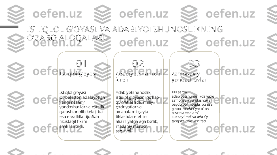 ISTIQLOL GʻOYA SI VA A DA BIYOTSHUNOSLIKNING 
O‘ZARO ALOQALA RI .
01
Ist i qlol gʻoy asi
Istiqlol gʻoyasi 
Oʻzbekiston adabiyotiga 
yangi nazariy 
yondashuvlar va estetik 
qarashlar olib keldi, bu 
esa mualliflar ijodida 
mustaqil fikrni 
shakllantirdi. 02
Adabiy ot shunosl i
k  roli
Adabiyotshunoslik, 
istiqlol gʻoyasini qoʻllab-
quvvatlashda, milliy 
qadriyatlar va 
an'analarni qayta 
tiklashda muhim 
ahamiyatga ega bo‘lib, 
madaniy merosni 
saqlaydi. 03
Zamonav iy  
y ondashuv lar
XXI asrda 
adabiyotshunoslikda yangi 
zamonaviy yondashuvlar 
paydo boʻlmoqda, bu esa 
global madaniyat bilan 
o'zaro aloqalarni 
kuchaytiradi va adabiy 
tanqidni rivojlantiradi. 