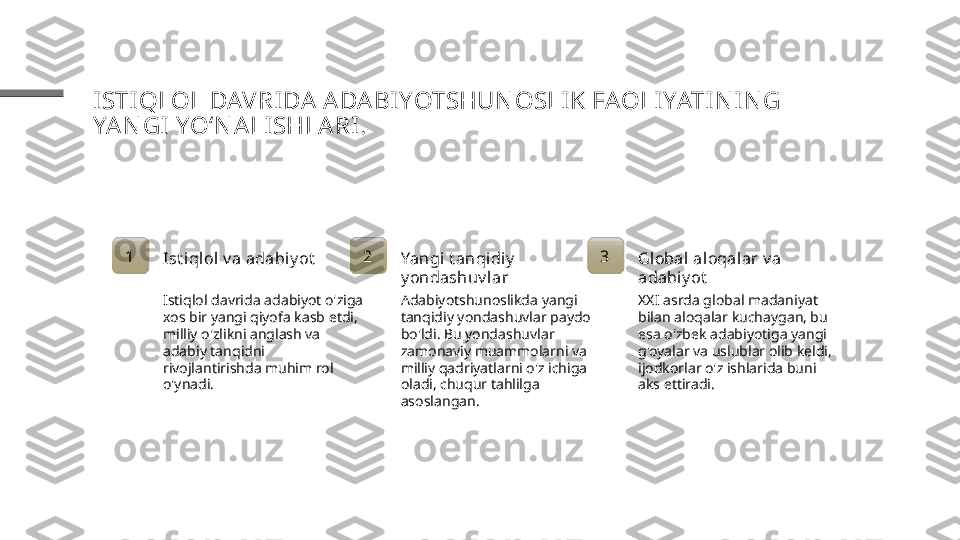 ISTI QLOL DAVRIDA  A DA BIYOTSHUN OSLI K FAOLI YATI N IN G 
YA N GI  YO‘N ALISHLARI.
1
Ist iqlol v a adabiy ot
Istiqlol davrida adabiyot o'ziga 
xos bir yangi qiyofa kasb etdi, 
milliy o'zlikni anglash va 
adabiy tanqidni 
rivojlantirishda muhim rol 
o'ynadi. 2
Yangi t anqidiy  
y ondashuv lar
Adabiyotshunoslikda yangi 
tanqidiy yondashuvlar paydo 
bo'ldi. Bu yondashuvlar 
zamonaviy muammolarni va 
milliy qadriyatlarni o'z ichiga 
oladi, chuqur tahlilga 
asoslangan. 3
Global  aloqalar v a 
adabi y ot
XXI asrda global madaniyat 
bilan aloqalar kuchaygan, bu 
esa o'zbek adabiyotiga yangi 
g'oyalar va uslublar olib keldi, 
ijodkorlar o'z ishlarida buni 
aks ettiradi. 