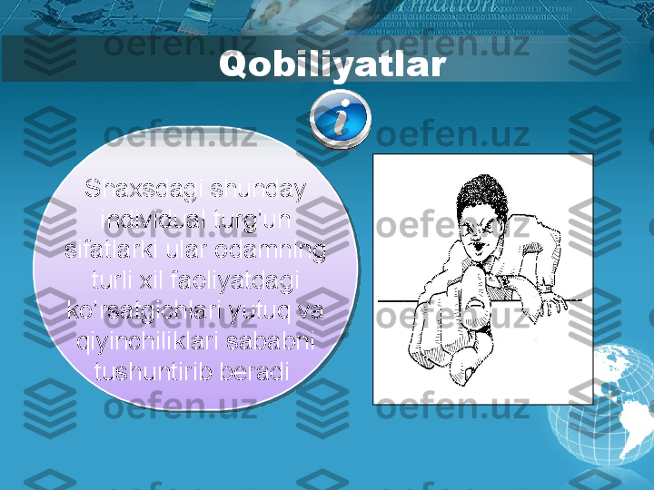 Shaxsdagi shunday 
individual turg’un 
sifatlarki ular odamning 
turli xil faoliyatdagi 
ko’rsatgichlari yutuq va 
qiyinchiliklari sababni 
tushuntirib beradi      Qobiliyatlar         