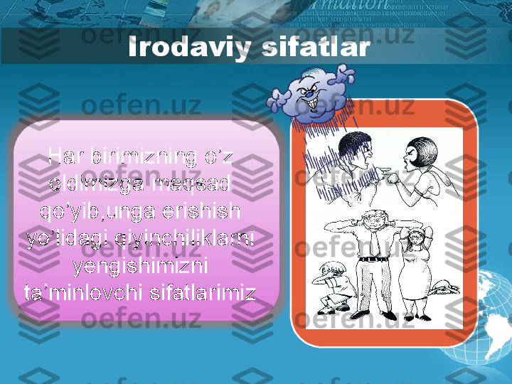 Irodaviy sifatlar
Har birimizning o’z 
oldimizga maqsad 
qo’yib,unga erishish 
yo’lidagi qiyinchiliklarni 
yengishimizni 
ta’minlovchi sifatlarimiz        