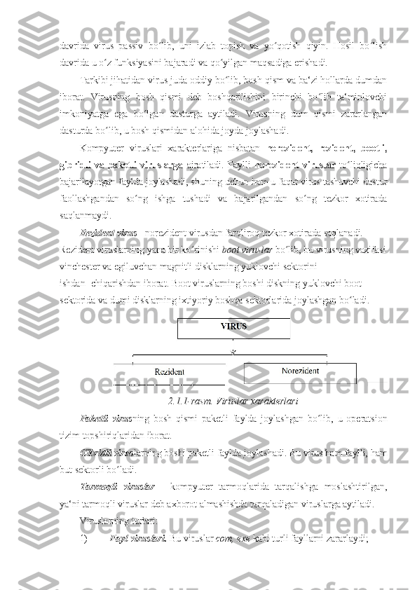 davrida   virus   passiv   bo lib,   uni   izlab   topish   va   yo qotish   qiyin.   Hosil   bo lishʻ ʻ ʻ
davrida u o z funksiyasini bajaradi va qo yilgan maqsadiga erishadi. 	
ʻ ʻ
Tarkibi jihatidan virus juda oddiy bo lib, bosh qism va ba‘zi hollarda dumdan	
ʻ
iborat.   Virusning   bosh   qismi   deb   boshqarilishini   birinchi   bo lib   ta‘minlovchi	
ʻ
imkoniyatga   ega   bo lgan   dasturga   aytiladi.   Virusning   dum   qismi   zararlangan	
ʻ
dasturda bo lib, u bosh qismidan alohida joyda joylashadi. 	
ʻ
Kompyuter   viruslari   xarakterlariga   nisbatan   norezident,   rezident,   bootli,
gibridli   va   paketli   viruslarga   ajratiladi.   Faylli   norezident   viruslar   to liqligicha	
ʻ
bajarilayotgan faylda joylashadi, shuning uchun ham u faqat virus tashuvchi dastur
faollashgandan   so ng   ishga   tushadi   va   bajarilgandan   so ng   tezkor   xotirada	
ʻ ʻ
saqlanmaydi. 
Rezident virus  - norezident virusdan farqliroq tezkor xotirada saqlanadi. 
Rezident viruslarning yana bir ko rinishi 	
ʻ boot viruslar  bo lib, bu virusning vazifasi	ʻ
vinchester va egiluvchan magnitli disklarning yuklovchi sektorini 
ishdan ]chiqarishdan iborat. Boot viruslarning boshi diskning yuklovchi boot 
sektorida va dumi disklarning ixtiyoriy boshqa sektorlarida joylashgan bo ladi. 	
ʻ
2.1.1-rasm. Viruslar xarakterlari 
Paketli   virus ning   bosh   qismi   paketli   faylda   joylashgan   bo lib,	
ʻ   u   operatsion
tizim   topshiriqlaridan iborat. 
Gibridli virus larning boshi paketli faylda joylashadi.   Bu virus ham faylli,   ham
but   sektorli bo ladi. 	
ʻ
Tarmoqli   viruslar   -   kompyuter   tarmoqlarida   tarqalishga   moslashtirilgan,
ya‘ni tarmoqli   viruslar deb axborot almashishda tarqaladigan viruslarga aytiladi. 
Viruslarning turlari: 
1) Fayl viruslari.   Bu viruslar   com,   exe   kabi turli fayllarni zararlaydi;  