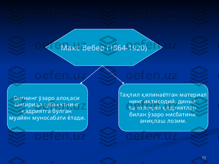 12Мак с Вебер (1864-1920)
О нгнинг ў заро алоқ аси 
зам и рида су бъ ек тни нг 
қ адриятга бў лган 
м у айян м у носабати ётади . Т аҳ лил қ и линаётган м атериал
нинг иқ ти содий , диний 
ва ах лоқ ий қ адриятлар 
билан ў заро ни сбатини 
ани қ лаш  ло зи м . 