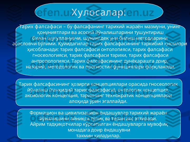22Х у лосалар :
Тарих  ф алсаф аси  – бу фалсафанинг тарихий жараён мазмуни, унинг 
қонуниятлари ва асосий йўналишларини тушунтириш
билан шуғулланувчи, шунингдек уни билиш методларини 
асословчи бўлими.  Қ уйидагилар тарих фалсафасининг таркибий қисмлари 
ҳисобланади: тарих фалсафаси онтологияси, тарих фалсафаси 
гносеологияси, тарих фалсафаси тарихи, тарих фалсафаси
антропологияси. Тарих фалсафасининг дунёқарашга доир, 
назарий, методологик ва прогностик функциялари фарқланади.
Тарих фалсафасининг ҳозирги концепциялари орасида гносеологик 
й ўналиш (танқидий тарих фалсафаси), онтологик концепция, 
аксиологик концепция, тарихнинг технократик концепциялари 
алоҳида ўрин эгаллайди. 
Формацион ва цивилизацион ёндашувлар тарихий жараён 
йўналишини айниқса тўлиқ ва теран акс эттиради. 
Айрим тадқиқотчилар   кўрсатилган ёндашувларга мувофиқ
  монадага доир ёндашувни 
тахмин қиладилар.  