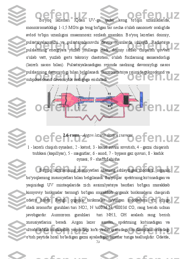 Bo'yoq   lazerlari   IQdan   UV-ga   qadar   keng   to'lqin   uzunliklarida,
monoxromatikligi 1-1,5 MGts ga teng bo'lgan bir necha o'nlab nanometr oralig'ida
avlod   to'lqin   uzunligini   muammosiz   sozlash   mumkin.   Bo'yoq   lazerlari   doimiy,
pulsatsiyalanuvchi   va   pulsatsiyalanuvchi   davriy   rejimlarda   ishlaydi.   Radiatsiya
pulslarining   energiyasi   yuzlab   joullarga   etadi,   doimiy   ishlab   chiqarish   quvvati
o'nlab   vatt,   yuzlab   gerts   takroriy   chastotasi,   o'nlab   foizlarning   samaradorligi
(lazerli   nasos   bilan).   Pulsatsiyalanadigan   rejimda   naslning   davomiyligi   nasos
pulslarining davomiyligi bilan belgilanadi. Sinxronizatsiya rejimida pikosekund va
subpikosekund davomiylik oralig'iga erishiladi.
2.6 - rasm   -  Argon   lazerli   dizayn   sxemasi
1 -  lazerli   chiqish   oynalari ; 2 -  katod ; 3 -  kanal   suvini   sovutish ; 4 -  gazni   chiqarish
trubkasi  ( kapillyar ); 5 -  magnitlar ; 6 -  anod ; 7 -  bypass   gaz   quvuri ; 8 -  karlik
oynasi ; 9 -  shaffof   shisha
Bo'yoq   lazerlarining   xususiyatlari   ularning   ishlaydigan   moddasi,   organik
bo'yoqlarning xususiyatlari bilan belgilanadi.   Bo'yoqlar     spektrning ko'rinadigan va
yaqinidagi   UV   mintaqalarida   zich   assimilyatsiya   bantlari   bo'lgan   murakkab
kimyoviy   birikmalar   tarmog'i   bo'lgan   murakkab   organik   birikmalarni   chaqirish
odatiy   holdir.   Rangli   organik   birikmalar   to'yingan   moddalarni   o'z   ichiga
oladi   xromofor   guruhlari   turi   NO2,   N   \u003d   N,   \u003d   CO,   rang   berish   uchun
javobgardir.   Auxoxrom   guruhlari       turi   NH3,   OH   aralash   rang   berish
xususiyatlarini   beradi.   Argon   lazer       asosan,   spektrning   ko'rinadigan   va
ultrabinafsha mintaqalari yaqinidagi ko'k-yashil qismidagi ion darajalari orasidagi
o'tish paytida hosil bo'ladigan gazni ajraladigan lazerlar turiga taalluqlidir. Odatda,
29 