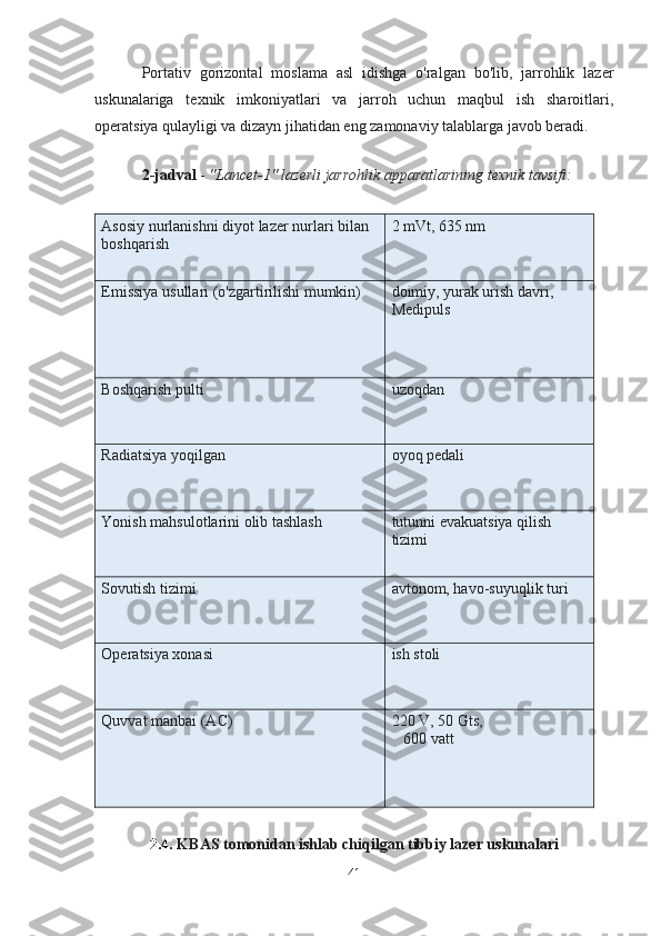 Portativ   gorizontal   moslama   asl   idishga   o'ralgan   bo'lib,   jarrohlik   lazer
uskunalariga   texnik   imkoniyatlari   va   jarroh   uchun   maqbul   ish   sharoitlari,
operatsiya qulayligi va dizayn jihatidan eng zamonaviy talablarga javob beradi.
2-jadval  -  "Lancet-1" lazerli jarrohlik apparatlarining texnik tavsifi:
Asosiy nurlanishni diyot lazer nurlari bilan 
boshqarish 2 mVt, 635 nm
Emissiya usullari (o'zgartirilishi mumkin) doimiy, yurak urish davri, 
Medipuls
Boshqarish pulti uzoqdan
Radiatsiya yoqilgan oyoq pedali
Yonish mahsulotlarini olib tashlash tutunni evakuatsiya qilish 
tizimi
Sovutish tizimi avtonom, havo-suyuqlik turi
Operatsiya xonasi ish stoli
Quvvat manbai (AC) 220 V, 50 Gts,
     600 vatt
2.4.  KBAS tomonidan ishlab chiqilgan tibbiy lazer uskunalari
41 