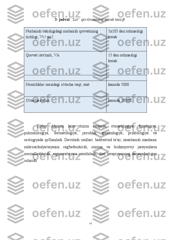 3- jadval  “Lot” qurilmasining texnik tavsifi:
Nurlanish tekisligidagi nurlanish quvvatining 
zichligi, Vt / sm2 5x105 dan oshmasligi 
kerak
Quvvat iste'moli, VA 15 dan oshmasligi 
kerak
Nosozliklar orasidagi o'rtacha vaqt, soat kamida 5000
O'rtacha resurs kamida 20 000
Tibbiy   Almicin   lazer   tizimi   terapiya,   stomatologiya,   fiziologiya,
pulmonologiya,   dermatologiya,   jarrohlik,   ginekologiya,   proktologiya   va
urologiyada qo'llaniladi. Davolash usullari: bakteritsid ta'sir, zararlanish manbaini
mikrosirkulyatsiyasini   rag'batlantirish,   immun   va   biokimyoviy   jarayonlarni
normallashtirish,   regeneratsiyani   yaxshilash,   dori   terapiyasining   samaradorligini
oshirish.
46 