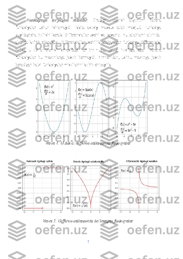 Funksiyaga   qo’yilgan   talablar .   Gradient   tushish   algoritmi   barcha
funktsiyalar   uchun   ishlamaydi.   Ikkita   asosiy   maxsus   talab   mavjud.   Funktsiya
quyidagicha   bo'lishi   kerak:   differensiallanuvchi   va   qavariq.   Bu   talablarni   alohida-
alohida   ko’rib   chiqamiz.   Differensiallanuvchilik   talabi,   agar   funktsiya   differentsial
bo'lsa,   u   o'z   aniqlanish   sohasidagi   har   bir   nuqta   uchun   hosilaga   ega   -   barcha
funktsiyalar   bu   mezonlarga   javob   bermaydi.   Birinchidan,   ushbu   mezonga   javob
beradigan ba'zi funktsiyalar misollarini ko'rib chiqaylik
Rasm 1. Uzluksiz differensiallanuvchi funksiyalar
Rasm 2. Differensiallanuvchi bo’lmagan funksiyalar
7 