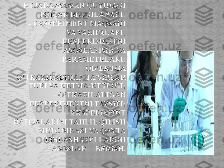   REJADA ASOSAN QUYIDAGI 
ISHLAR BELGILANADI:
        - EKSPERIMENT MAQSADI 
VA VAZIFALARI;
        - EKSPERIMENTNI 
ASOSLANISHI VA 
PARAMETRLARI;
       - OB’EKTGA 
O‘TKAZILADIGAN TA’SIRLAR 
TURI VA KETMA-KETLIGI;
       - O‘TKAZILADIGAN 
EKSPERIMENTNI TAVSIFI;
       - EKSPERIMENT 
NATIJALARINI TAHLIL QILISH 
METODIKASI VA QAYTA 
ISHLASH YO‘LLARINI 
ASOSLAB     BERISH.  