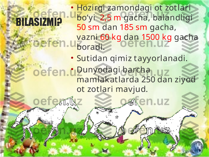 BILASIZMI? •
Hozirgi zamondagi ot  zot lari 
boʻy i   2,5 m  gacha, balandligi  
50 sm  dan  185 sm  gacha, 
v azni  60 k g  dan  1500 k g  gacha 
boradi.
•
Sut idan qimiz t ay y orlanadi.
•
Duny odagi barcha 
mamlak at larda 250 dan ziy od 
ot  zot lari mav jud. 