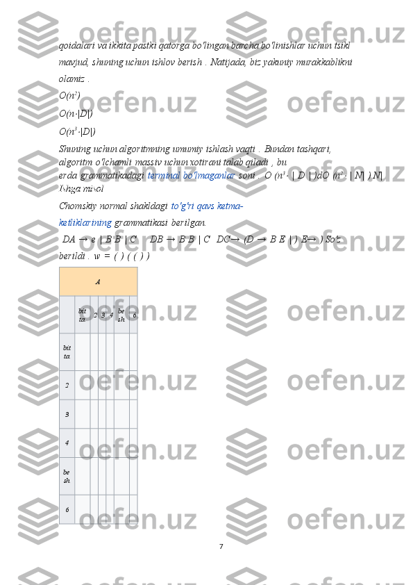 qoidalari va ikkita pastki qatorga bo'lingan barcha bo'linishlar uchun tsikl 
mavjud, shuning uchun ishlov berish   .   Natijada, biz yakuniy murakkablikni 
olamiz   .  
O(n 2
)
O(n⋅ |D|)
O(n 3
⋅
|D|)
Shuning uchun algoritmning umumiy ishlash vaqti   .   Bundan tashqari, 
algoritm   o'lchamli   massiv uchun xotirani talab qiladi   , bu 
erda   grammatikadagi   terminal bo'lmaganlar   soni   .   O   (n 3	
⋅
  |   D   |   )dO   (n 2	⋅
  |   N|   ) N|
Ishga misol  
Chomskiy normal shakldagi   to'g'ri qavs ketma-
ketliklarining   grammatikasi   berilgan.
  DA   →   e   |   B   B   |   C         DB   →   B   B   |   C     DC→   (D   →   B   E   |   )   E→   )  So'z 
berildi   .   w   =   (   )   (   (   )   )
A
bit
ta 2 3 4 be
sh 6
bit
ta
2
3
4
be
sh
6
7 