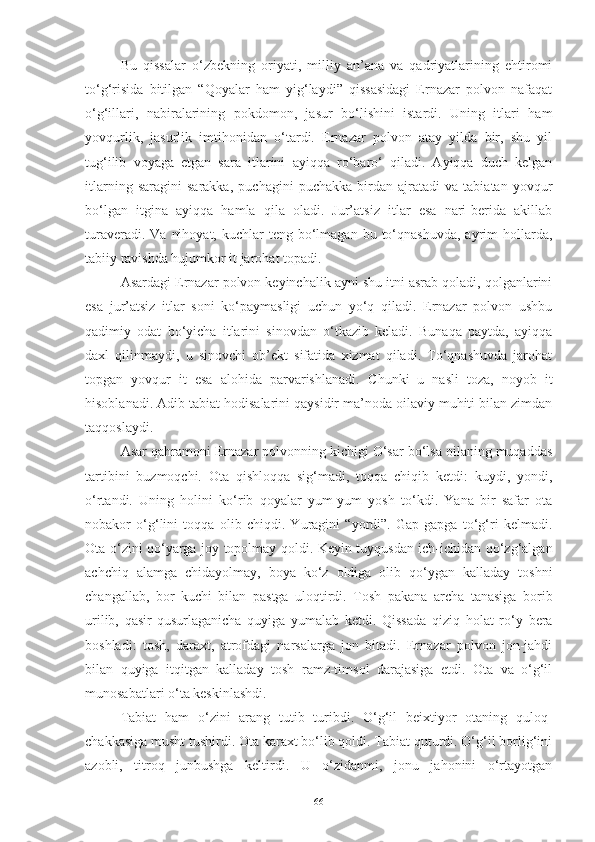 Bu   qissalar   o‘zbekning   oriyati,   milliy   an’ana   va   qadriyatlarining   ehtiromi
to‘g‘risida   bitilgan   “Qoyalar   ham   yig‘laydi”   qissasidagi   Ernazar   polvon   nafaqat
o‘g‘illari,   nabiralarining   pokdomon,   jasur   bo‘lishini   istardi.   Uning   itlari   ham
yovqurlik,   jasurlik   imtihonidan   o‘tardi.   Ernazar   polvon   atay   yilda   bir,   shu   yil
tug‘ilib   voyaga   etgan   sara   itlarini   ayiqqa   ro‘baro‘   qiladi.   Ayiqqa   duch   kelgan
itlarning   saragini   sarakka,   puchagini   puchakka   birdan   ajratadi   va   tabiatan   yovqur
bo‘lgan   itgina   ayiqqa   hamla   qila   oladi.   Jur’atsiz   itlar   esa   nari-berida   akillab
turaveradi.  Va  nihoyat,  kuchlar  teng  bo‘lmagan  bu  to‘qnashuvda,   ayrim   hollarda,
tabiiy ravishda hujumkor it jarohat topadi. 
Asardagi  Ernazar polvon keyinchalik ayni shu itni asrab qoladi, qolganlarini
esa   jur’atsiz   itlar   soni   ko‘paymasligi   uchun   yo‘q   qiladi.   Ernazar   polvon   ushbu
qadimiy   odat   bo‘yicha   itlarini   sinovdan   o‘tkazib   keladi.   Bunaqa   paytda,   ayiqqa
daxl   qilinmaydi,   u   sinovchi   ob’ekt   sifatida   xizmat   qiladi.   To‘qnashuvda   jarohat
topgan   yovqur   it   esa   alohida   parvarishlanadi.   C h unki   u   nasli   toza,   noyob   it
hisoblanadi. Adib tabiat hodisalarini qaysidir ma’noda oilaviy muhiti bilan zimdan
taqqoslaydi. 
Asar qahramoni  Ernazar polvonning kichigi O‘sar bo‘lsa oilaning muqaddas
tartibini   buzmoqchi.   Ota   qishloqqa   sig‘madi,   toqqa   chiqib   ketdi:   kuydi,   yondi,
o‘rtandi.   Uning   holini   ko‘rib   qoyalar   yum-yum   yosh   to‘kdi.   Yana   bir   safar   ota
nobakor   o‘g‘lini   toqqa   olib   chiqdi.   Yuragini   “yordi”.   Gap-gapga   to‘g‘ri   kelmadi.
Ota o‘zini qo‘yarga joy topolmay qoldi. Keyin tuyqusdan ich-ichidan qo‘zg‘algan
achchiq   alamga   chidayolmay,   boya   ko‘z   oldiga   olib   qo‘ygan   kalladay   toshni
changallab,   bor   kuchi   bilan   pastga   uloqtirdi.   Tosh   pakana   archa   tanasiga   borib
urilib,   qasir-qusurlaganicha   quyiga   yumalab   ketdi.   Qissada   qiziq   holat   ro‘y   bera
boshladi:   tosh,   daraxt,   atrofdagi   narsalarga   jon   bitadi.   Ernazar   polvon   jon-jahdi
bilan   quyiga   itqitgan   kalladay   tosh   ramz-timsol   darajasiga   etdi.   Ota   va   o‘g‘il
munosabatlari o‘ta keskinlashdi. 
Tabiat   ham   o‘zini   arang   tutib   turibdi.   O‘g‘il   beixtiyor   otaning   quloq-
chakkasiga musht tushirdi. Ota karaxt bo‘lib qoldi. Tabiat quturdi. O‘g‘il borlig‘ini
azobli,   titroq   junbushga   keltirdi.   U   o‘zidanmi,   jonu   jahonini   o‘rtayotgan
66 