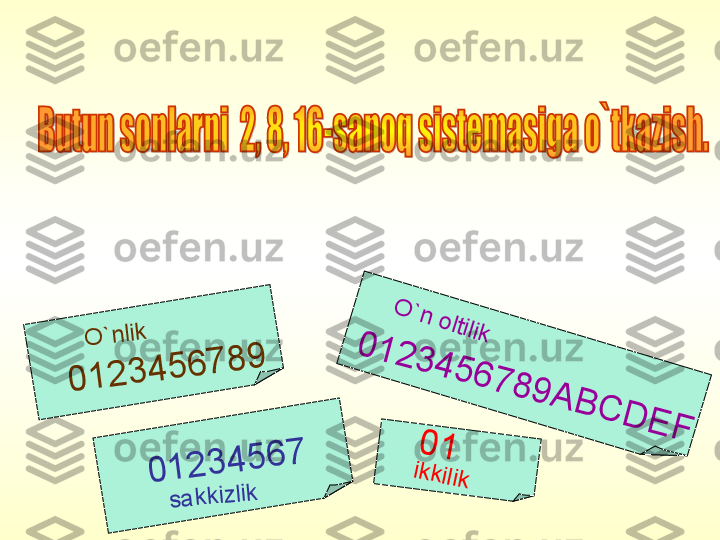 0	1	2	3	4	5	6	7	8	9	A	B	C	D	E	F	
0	1	2	3	4	5	6	7	8	9	
0	1	2	3	4	5	6	7	
0	1	
O	`n	 o	ltilik	O	`n	lik	
ik	k	ilik	
s	a	k	k	iz	lik  