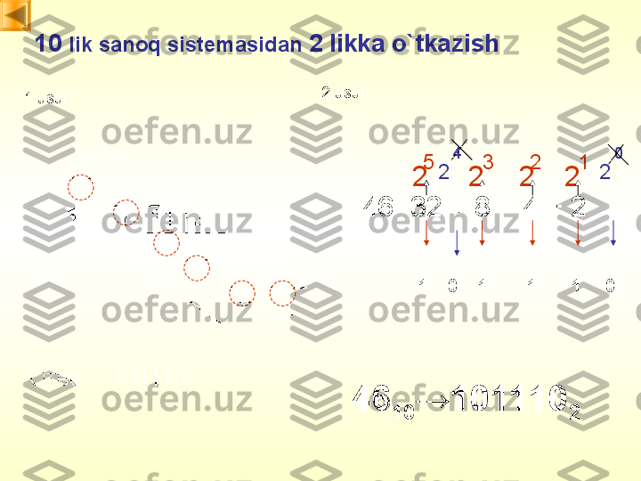 10   lik sanoq sistemasidan  2  likka o`tkazish
46
10 →101110
21  usul 2  usul
46=32 + 8 + 4 + 2 5        3      2      1 4 0
    1    0    1        1       1     02 2
2 2 2 2 