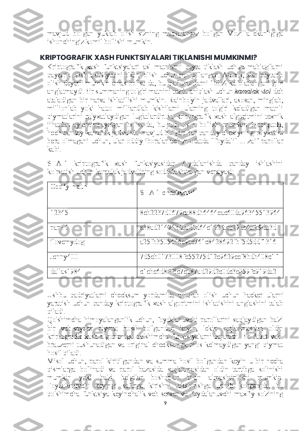 mavjud   bo'lgan   yuklab   olish   sizning   maqsadingiz   bo'lgan   Mozilla   ekanligiga
ishonchingiz komil bo'lishi mumkin.
KRIPTOGRAFIK XASH FUNKTSIYALARI TIKLANISHI MUMKINMI?
Kriptografik   xash   funktsiyalari   asl   matnlarni   qayta   tiklash   uchun   mablag'larni
qaytarib olish qobiliyatini oldini olish uchun mo'ljallangan. Ammo, ular qaytarib
olish deyarli mumkin emas bo'lsa-da, bu ma'lumotlarni 100% kafolatlanganligini
anglatmaydi.Bir summaning to'g'ri matnini tezda aniqlash uchun   kamalak stol   deb
ataladigan   bir   narsa   ishlatilishi   mumkin.   Rainbo'yin   jadvallari,   asosan,   minglab,
millionlab   yoki   hatto   milliardlab   kishilarni   ularning   to'g'ri   keladigan   matnli
qiymatlarini   ro'yxatlaydigan   lug'atlardir.Bu   kriptografik   xash   algoritmini   texnik
jihatdan   aylantirmayotgan   bo'lsa-da,   bu   juda   oson   bo'lishi   mumkin.   Haqiqatda,
hech qanday kamalak jadvalida mavjud bo'lgan har qanday chexiyning ro'yxatini
bera olmagani uchun, ular oddiy iboralar uchun odatda "foydali" ... zaif parollar
kabi.
SHA-1   kriptografik   xash   funktsiyasidan   foydalanishda   qanday   ishlashini
ko'rsatish uchun kamalak jadvalining soddalashtirilgan versiyasi:
Oddiy matn
SHA-1 checksumi
12345 8cb2237d0679ca88db6464eac60da96345513964
parol1 e38ad214943daad1d64c102faec29de4afe9da3d
ilovemydog a25fb3505406c9ac761c8428692fbf5d5ddf1316
Jenny400 7d5eb0173008fe55275d12e9629eef8bdb408c1f
dallas1984 c1ebe6d80f4c7c087ad29d2c0dc3e059fc919da2
    
Ushbu   qadriyatlarni   checksum   yordamida   aniqlab   olish   uchun   hacker   ularni
yaratish   uchun  qanday   kriptografik  xash   algoritmini   ishlatishini   anglashini   talab
qiladi.
Qo'shimcha   himoyalanganlik   uchun,   foydalanuvchi   parollarini   saqlaydigan   ba'zi
bir   veb-saytlar   qiymat   hosil   bo'lgandan   keyin,   lekin   saqlanmasdan   oldin
kriptografik   xash   algoritmiga   qo'shimcha   funktsiyalarni   bajaradi.   Bu   faqat   veb-
brauzerni   tushunadigan   va   original   checksumga   mos   kelmaydigan   yangi   qiymat
hosil qiladi.
Misol   uchun,   parol   kiritilgandan   va   summa   hosil   bo'lgandan   keyin   u   bir   necha
qismlarga   bo'linadi   va   parol   bazasida   saqlanmasidan   oldin   tartibga   solinishi
mumkin   yoki   ba'zi   belgilar   boshqalar   bilan   almashtirilishi   mumkin.
Foydalanuvchi   keyingi   safarga   kirishni   tekshirishga   urinib   ko'rganida,   bu
qo'shimcha   funktsiya   keyinchalik   veb-server   va   foydalanuvchi   maxfiy   so'zining
9 