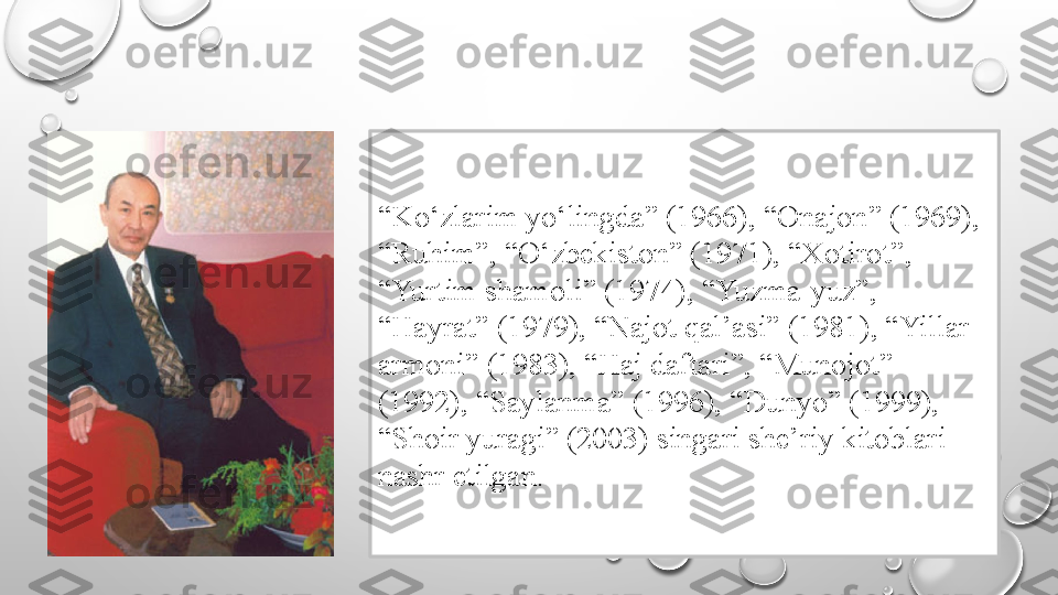 “ Ko‘zlarim yo‘lingda” (1966), “Onajon” (1969), 
“Ruhim”, “O‘zbekiston” (1971), “Xotirot”, 
“Yurtim shamoli” (1974), “Yuzma-yuz”, 
“Hayrat” (1979), “Najot qal’asi” (1981), “Yillar 
armoni” (1983), “Haj daftari”, “Munojot” 
(1992), “Saylanma” (1996), “Dunyo” (1999), 
“Shoir yuragi” (2003) singari she’riy kitoblari 
nashr etilgan.  