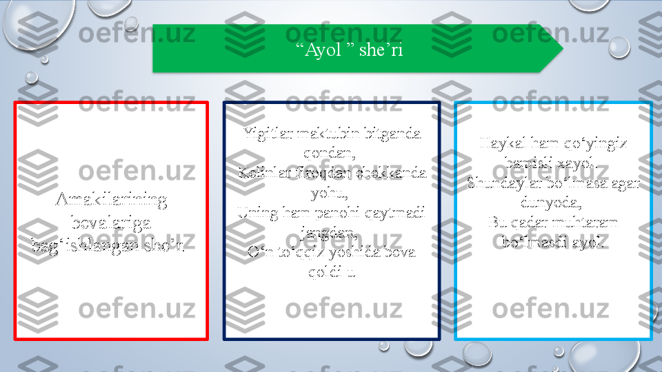 Amakilarining 
bevalariga 
bag‘ishlangan she’r.  Yigitlar maktubin bitganda 
qondan, 
Kelinlar firoqdan chekkanda 
yohu, 
Uning ham panohi qaytmadi 
jangdan, 
O‘n to‘qqiz yoshida beva 
qoldi u Haykal ham qo‘yingiz 
bamisli xayol. 
Shundaylar bo‘lmasa agar 
dunyoda, 
Bu qadar muhtaram 
bo‘lmasdi ayol.“ Ayol ” she’ri   