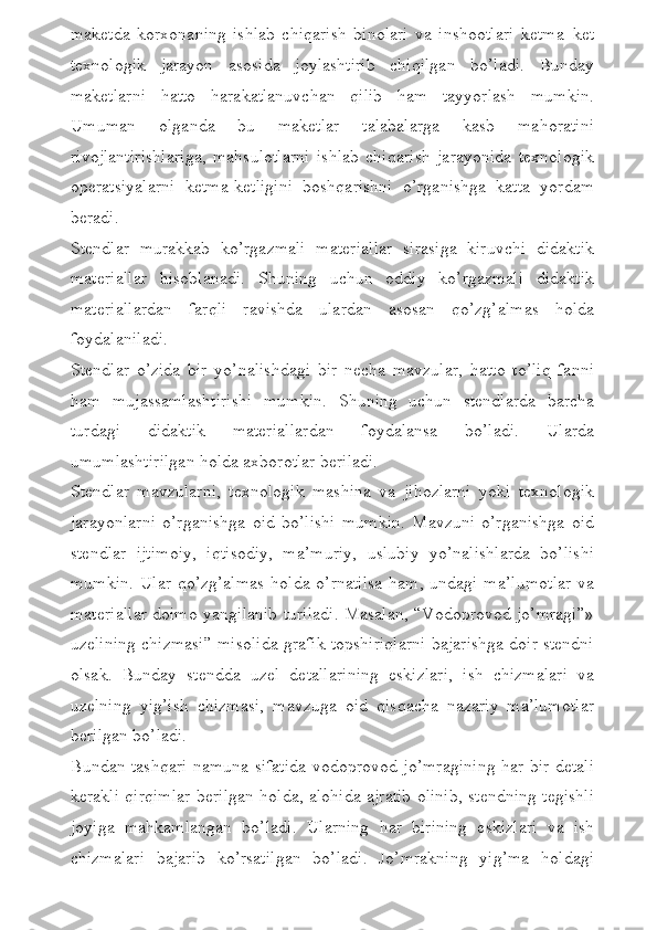 maketda   korxonaning   ishlab   chiqarish   binolari   va   inshootlari   ketma–ket
texnologik   jarayon   asosida   joylashtirib   chiqilgan   bo’ladi.   Bunday
maketlarni   hatto   harakatlanuvchan   qilib   ham   tayyorlash   mumkin.
Umuman   olganda   bu   maketlar   talabalarga   kasb   mahoratini
rivojlantirishlariga,   mahsulotlarni   ishlab   chiqarish   jarayonida   texnologik
operatsiyalarni   ketma-ketligini   boshqarishni   o’rganishga   katta   yordam
beradi.
Stendlar   murakkab   ko’rgazmali   materiallar   sirasiga   kiruvchi   didaktik
materiallar   hisoblanadi.   Shuning   uchun   oddiy   ko’rgazmali   didaktik
materiallardan   farqli   ravishda   ulardan   asosan   qo’zg’almas   holda
foydalaniladi. 
Stendlar   o’zida   bir   yo’nalishdagi   bir   necha   mavzular,   hatto   to’liq   fanni
ham   mujassamlashtirishi   mumkin.   Shuning   uchun   stendlarda   barcha
turdagi   didaktik   materiallardan   foydalansa   bo’ladi.   Ularda
umumlashtirilgan holda axborotlar beriladi. 
Stendlar   mavzularni,   texnologik   mashina   va   jihozlarni   yoki   texnologik
jarayonlarni   o’rganishga   oid   bo’lishi   mumkin.   Mavzuni   o’rganishga   oid
stendlar   ijtimoiy,   iqtisodiy,   ma’muriy,   uslubiy   yo’nalishlarda   bo’lishi
mumkin.  Ular qo’zg’almas  holda o’rnatilsa  ham,  undagi ma’lumotlar  va
materiallar doimo yangilanib turiladi. Masalan, “Vodoprovod jo’mragi”»
uzelining chizmasi” misolida grafik topshiriqlarni bajarishga doir stendni
olsak.   Bunday   stendda   uzel   detallarining   eskizlari,   ish   chizmalari   va
uzelning   yig’ish   chizmasi,   mavzuga   oid   qisqacha   nazariy   ma’lumotlar
berilgan bo’ladi. 
Bundan tashqari namuna sifatida vodoprovod jo’mragining har bir detali
kerakli qirqimlar berilgan holda, alohida ajratib olinib, stendning tegishli
joyiga   mahkamlangan   bo’ladi.   Ularning   har   birining   eskizlari   va   ish
chizmalari   bajarib   ko’rsatilgan   bo’ladi.   Jo’mrakning   yig’ma   holdagi 