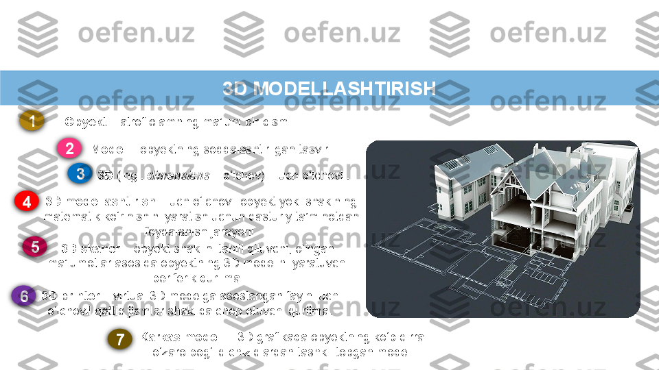 3D MODELLASHTIRISH
Obyekt  – atrof-olamning ma’lum bir   qismi.
Karkas modeli  – 3D grafikada   obyektning ko‘p qirrali 
o‘zaro bog‘liq   chiziqlardan tashkil topgan modeli.1
6 32
4
5
73D modellashtirish  – uch o‘lchovli   obyekt yoki   shaklning 
matematik   ko‘rinishini yaratish uchun dasturiy   ta’minotdan 
foydalanish jarayoni.Model  – obyektning   soddalashtirilgan tasviri.
3D  (ingl.  dimensions  – o‘lchov) –   uch o‘lchovli.
3D skaner  – obyekt shaklini tahlil   qiluvchi, olingan  
ma’lumotlar   asosida obyektning 3D modelini   yaratuvchi 
periferik qurilma.
3D printer  – virtual 3D modelga  asoslangan faylni uch 
o‘lchovli   qattiq jismlar shaklida chop etuvchi   qurilma. 