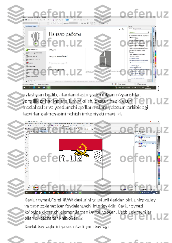 j
oylashgan bo’lib, ulardan dasturga kiritilgan o’zgarishlar, 
yangiliklar haqida ma’lumot olish, dastur haqida turli 
maslahatlar va yordamchi qo’llanmalarni, dastur tarkibidagi 
tasvirlar galereyasini ochish imkoniyati mavjud.
Dastur oynasi.CorelDRAW dasturining ustunliklaridan biri, uning qulay 
va oson sozlanadigan foydalanuvchi interfeysidir. Dastur oynasi 
ko’pgina xizmatchi elementlardan tashkil topgan. Ushbu elementlar 
bilan qisqacha tanishib o’tamiz.
Davlat bayroqlarini yasash Avstiryani bayrogi 