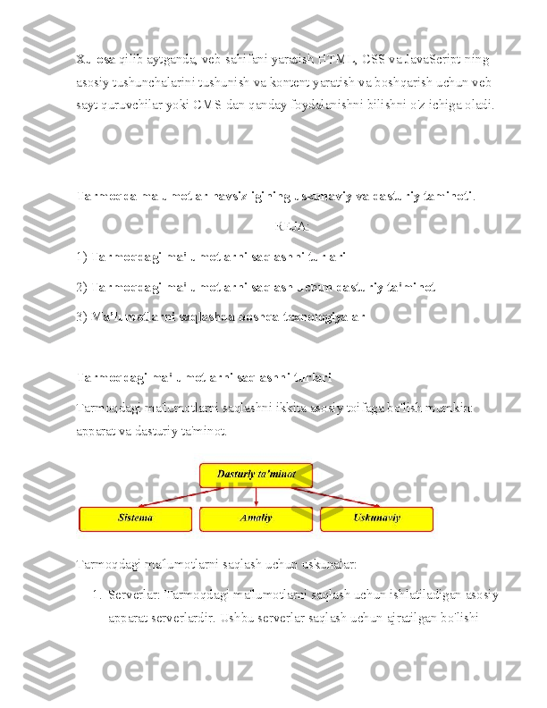 Xulosa  qilib aytganda, veb-sahifani yaratish HTML, CSS va JavaScript-ning 
asosiy tushunchalarini tushunish va kontent yaratish va boshqarish uchun veb-
sayt quruvchilar yoki CMS-dan qanday foydalanishni bilishni o'z ichiga oladi.
Tarmoqda malumotlar havsizligining uskunaviy va dasturiy taminoti .
REJA:
1)  Tarmoqdagi ma'lumotlarni saqlashni turlari
2)  Tarmoqdagi ma'lumotlarni saqlash uchun dasturiy ta'minot
3)  Ma’lumotlarni saqlashda boshqa texnologiyalar
Tarmoqdagi ma'lumotlarni saqlashni turlari
Tarmoqdagi ma'lumotlarni saqlashni ikkita asosiy toifaga bo'lish mumkin: 
apparat va dasturiy ta'minot.
Tarmoqdagi ma'lumotlarni saqlash uchun uskunalar:
1. Serverlar: Tarmoqdagi ma'lumotlarni saqlash uchun ishlatiladigan asosiy 
apparat serverlardir. Ushbu serverlar saqlash uchun ajratilgan bo'lishi  