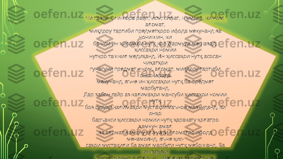 Чи тавре ки ишора рафт, исм, сифат, шумора, ки ном, 
аломат,
миқдору тартиби предметҳоро ифода мекунанд ва 
ҷонишин, ки
ба ҷои ин ҳиссаҳои нутқ кор фармуда мешавад, 
ҳиссаҳои номии
нуткро ташкил медиҳанд. Ин ҳиссаҳои нутқ асосан 
ҷиҳатҳои
гуногуни предмет – ном, аломат, миқдору тартиби 
онро ифода
мекунанд, яъне ин ҳиссаҳои нутқ ба предмет 
марбутанд.
Дар забон ғайр аз калимаҳои мансуби ҳиссаҳои номии 
нутқ
боз гурӯҳи калимаҳои мустақилмаъное мавҷуданд, ки 
онҳо
баръакси ҳиссаҳои номии нутқ ҳаракату ҳолатро 
ҳамчун амал
ва аломати амалу аломати аломатро ифода 
менамоянд, яъне ҳис-
саҳои мустақили ба амал марбути нутқ мебошанд. Ба 
ин гурӯҳи
ҳиссаҳои мустақили нутқ феъл ва зарф дохил 
мешаванд.  